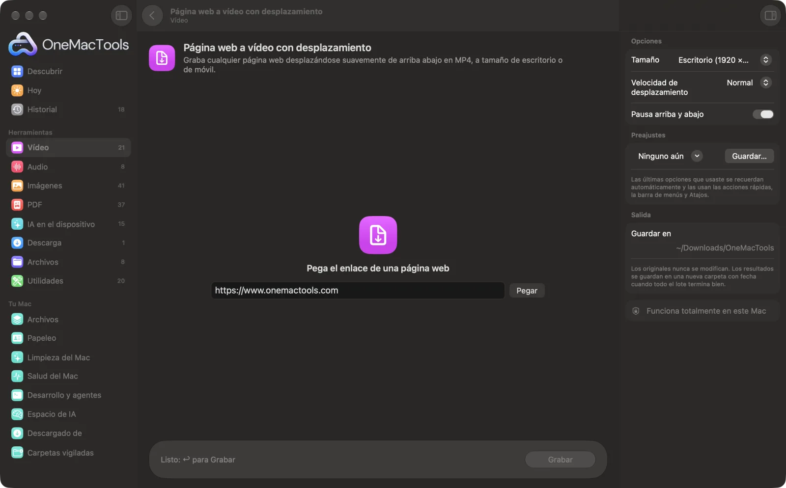 Página web a vídeo con desplazamiento en OneMacTools en un Mac, con archivos de ejemplo y sus opciones
