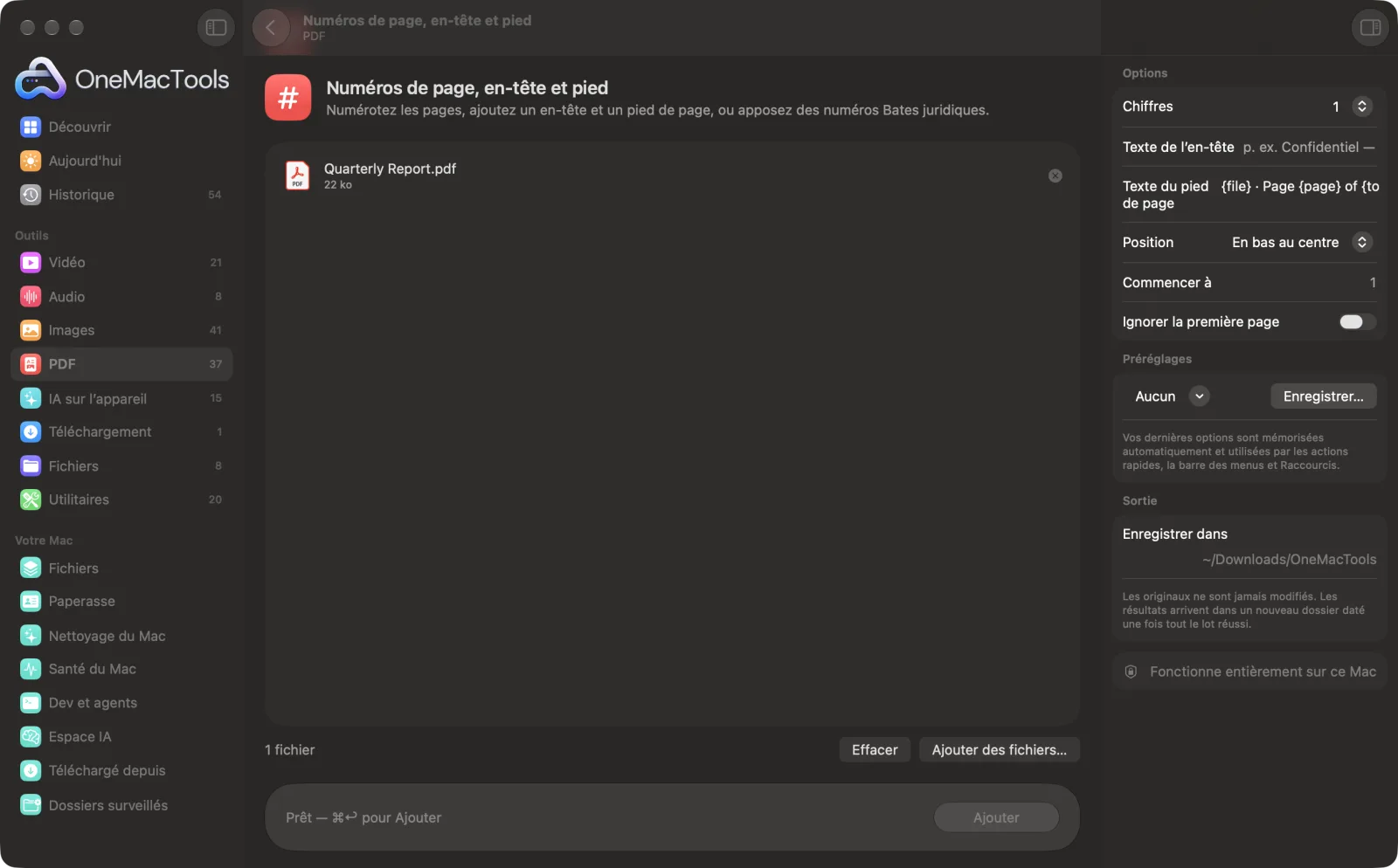 Numéros de page, en-tête et pied dans OneMacTools sur un Mac, avec des fichiers d’exemple et ses options