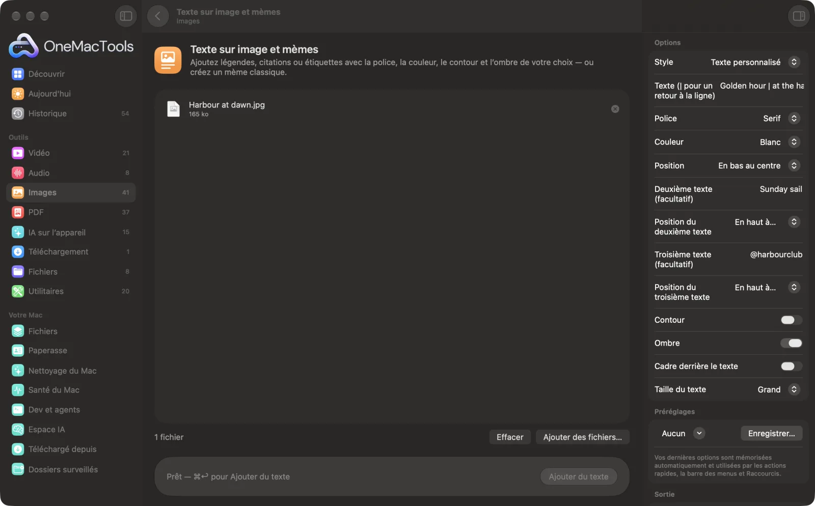 Texte sur image et mèmes dans OneMacTools, avec des fichiers d’exemple chargés et le panneau d’options ouvert