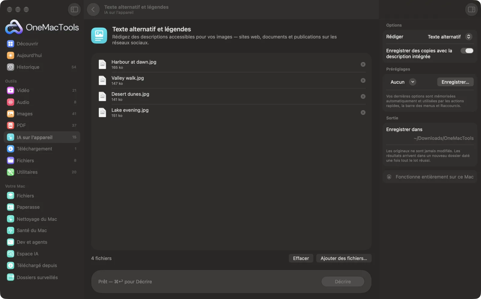 Texte alternatif et légendes dans OneMacTools sur un Mac, avec des fichiers d’exemple et ses options