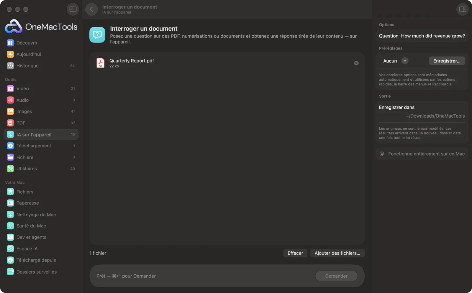 Interroger un document dans OneMacTools sur un Mac, avec des fichiers d’exemple et ses options