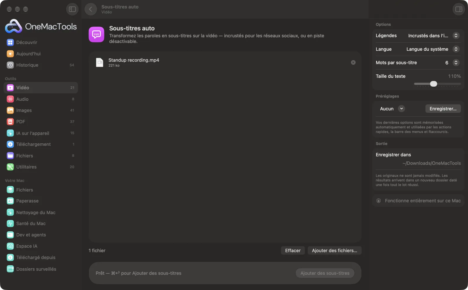 Sous-titres auto dans OneMacTools sur un Mac, avec des fichiers d’exemple et ses options