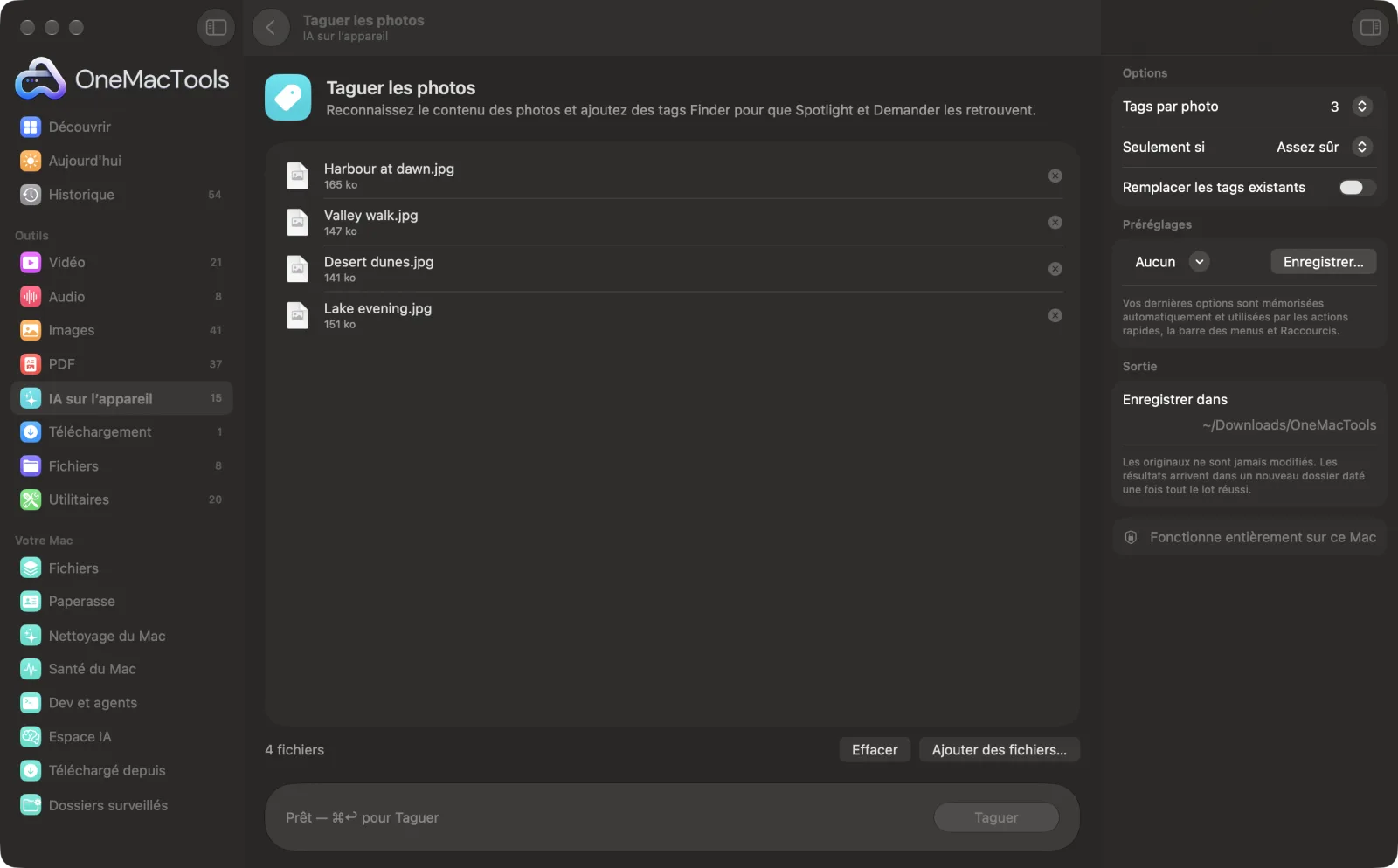 Taguer les photos dans OneMacTools sur un Mac, avec des fichiers d’exemple et ses options