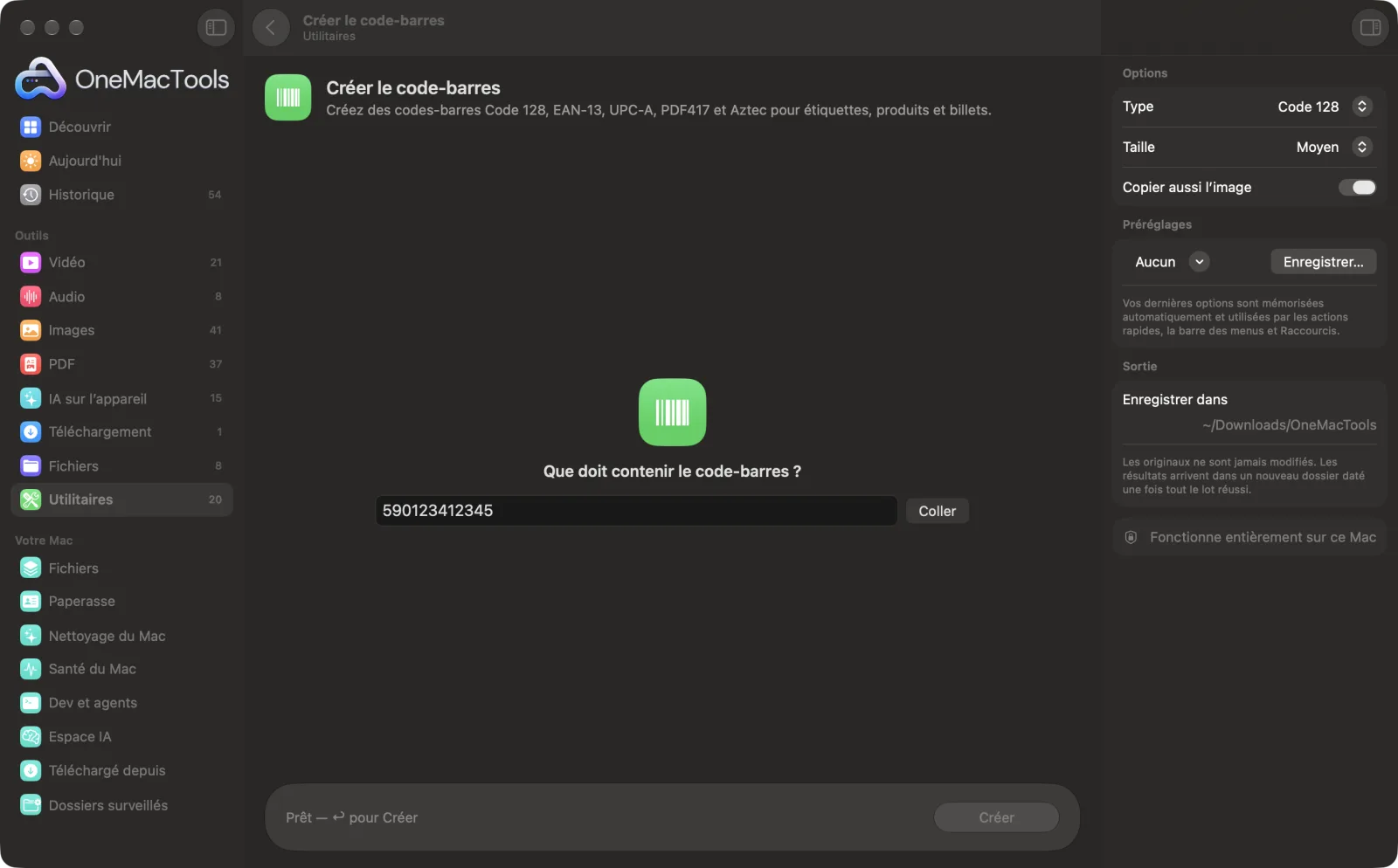 Créer le code-barres dans OneMacTools, avec des fichiers d’exemple chargés et le panneau d’options ouvert