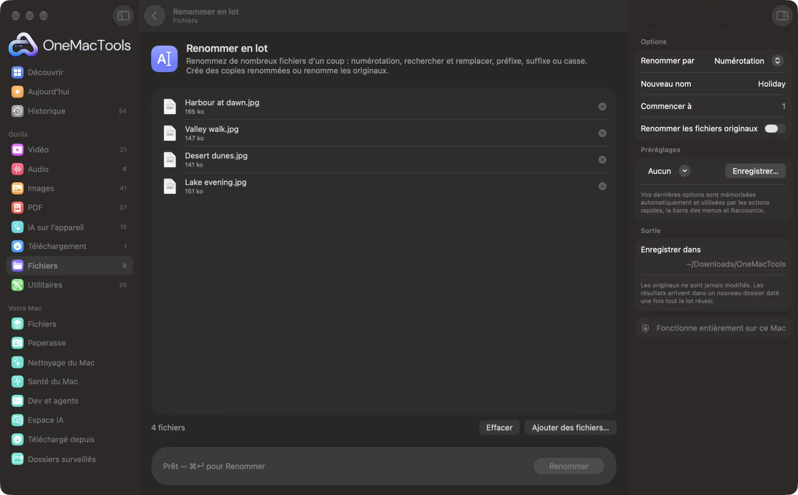 Renommer en lot dans OneMacTools sur un Mac, avec des fichiers d’exemple et ses options