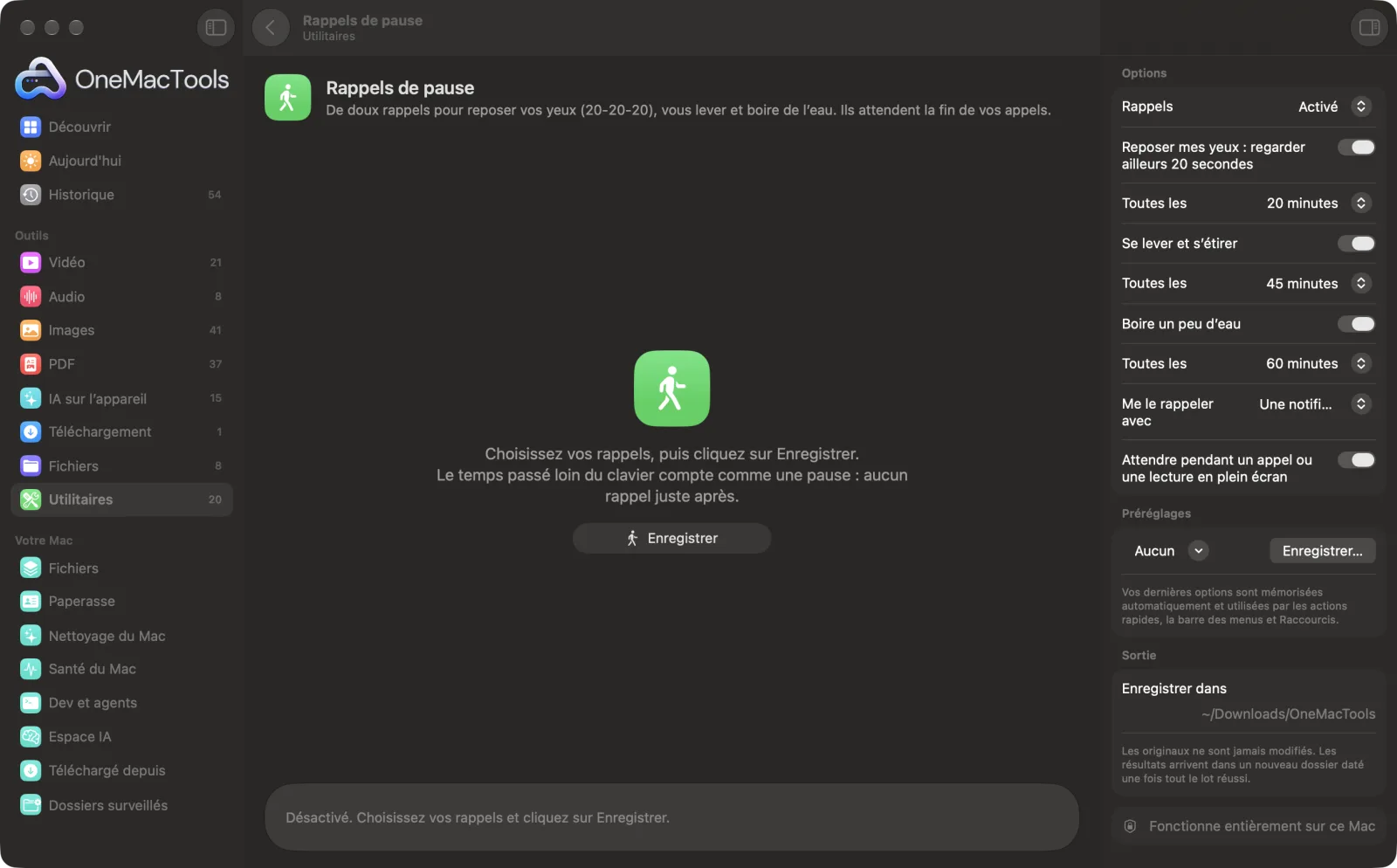 Rappels de pause dans OneMacTools sur un Mac, avec des fichiers d’exemple et ses options