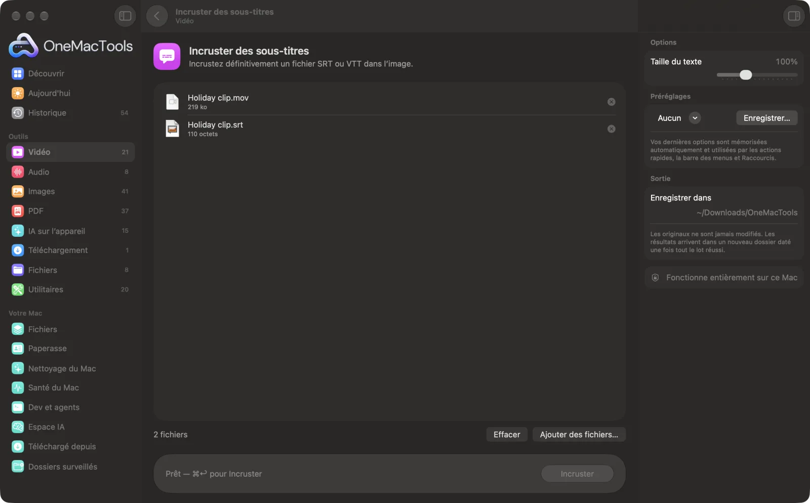 Incruster des sous-titres dans OneMacTools sur un Mac, avec des fichiers d’exemple et ses options