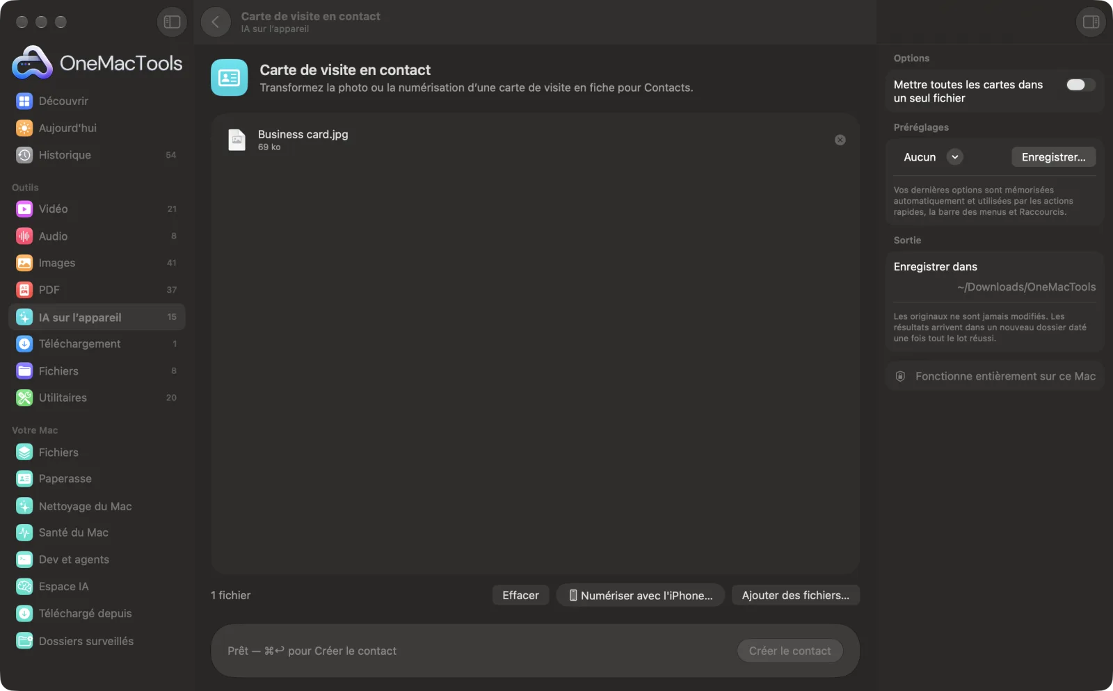 Carte de visite en contact dans OneMacTools sur un Mac, avec des fichiers d’exemple et ses options