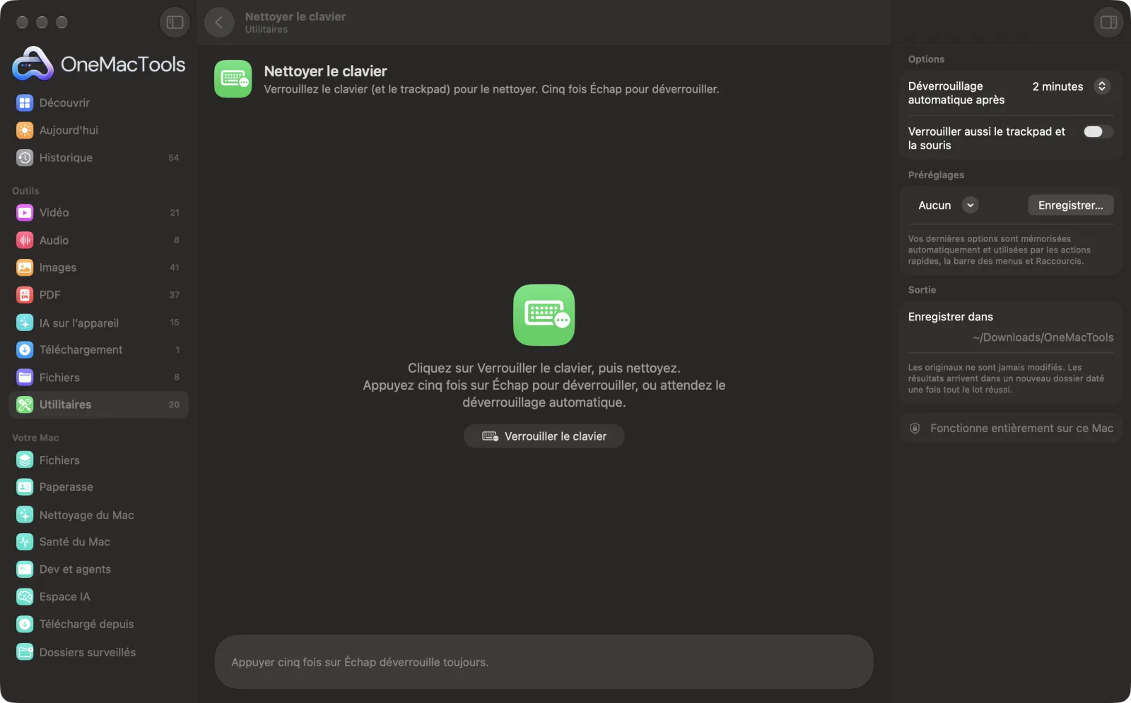 Nettoyer le clavier dans OneMacTools sur un Mac, avec des fichiers d’exemple et ses options