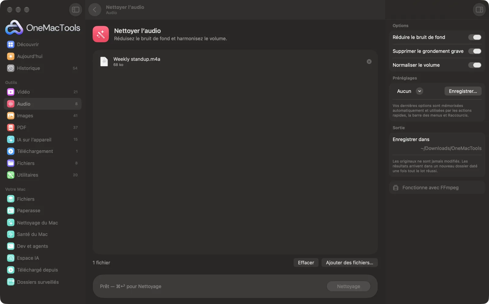 Nettoyer l’audio dans OneMacTools sur un Mac, avec des fichiers d’exemple et ses options