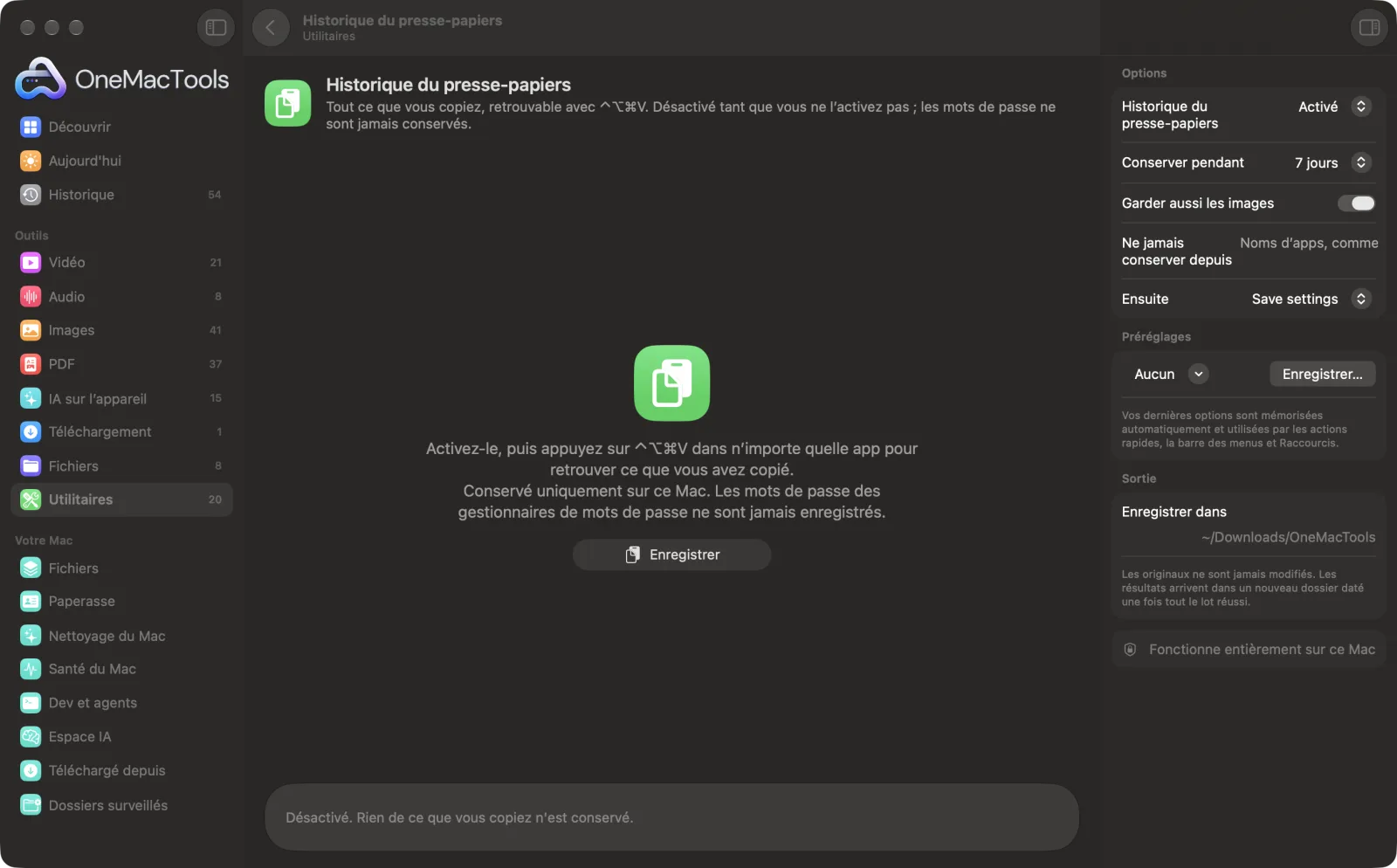 Historique du presse-papiers dans OneMacTools sur un Mac, avec des fichiers d’exemple et ses options