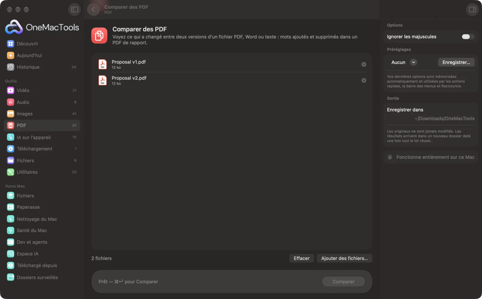 Comparer des PDF dans OneMacTools sur un Mac, avec des fichiers d’exemple et ses options