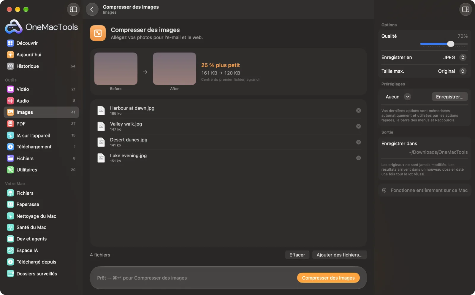 Compresser des images dans OneMacTools sur un Mac, avec des fichiers d’exemple et ses options