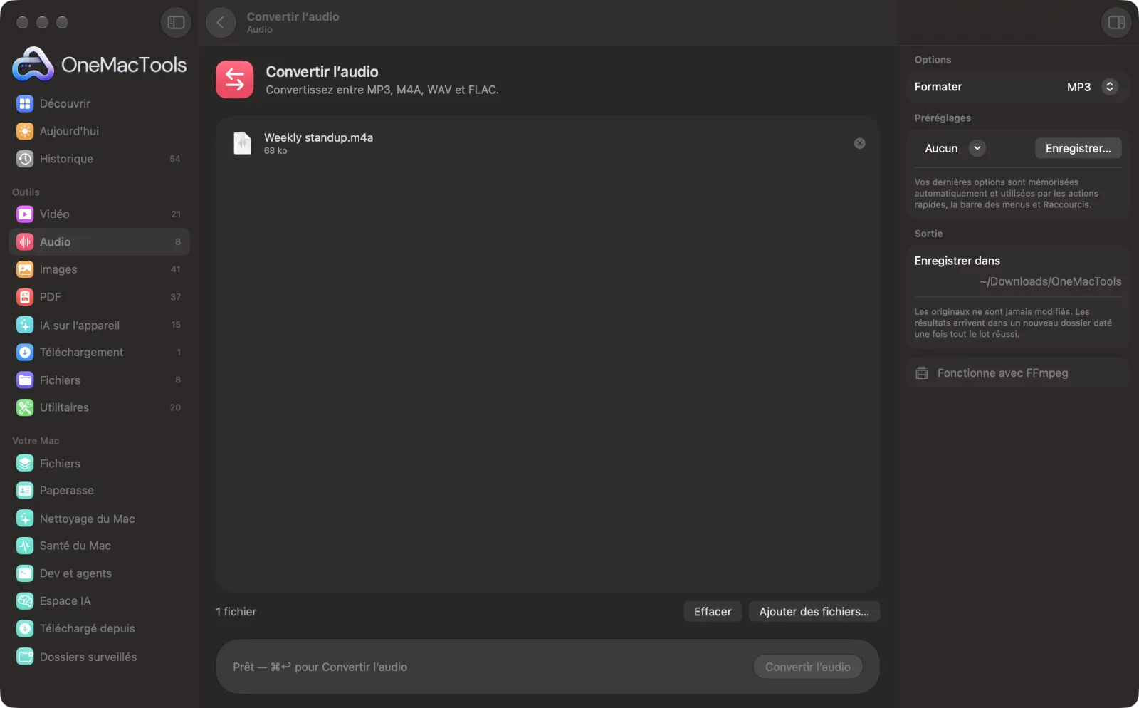 Convertir l’audio dans OneMacTools sur un Mac, avec des fichiers d’exemple et ses options