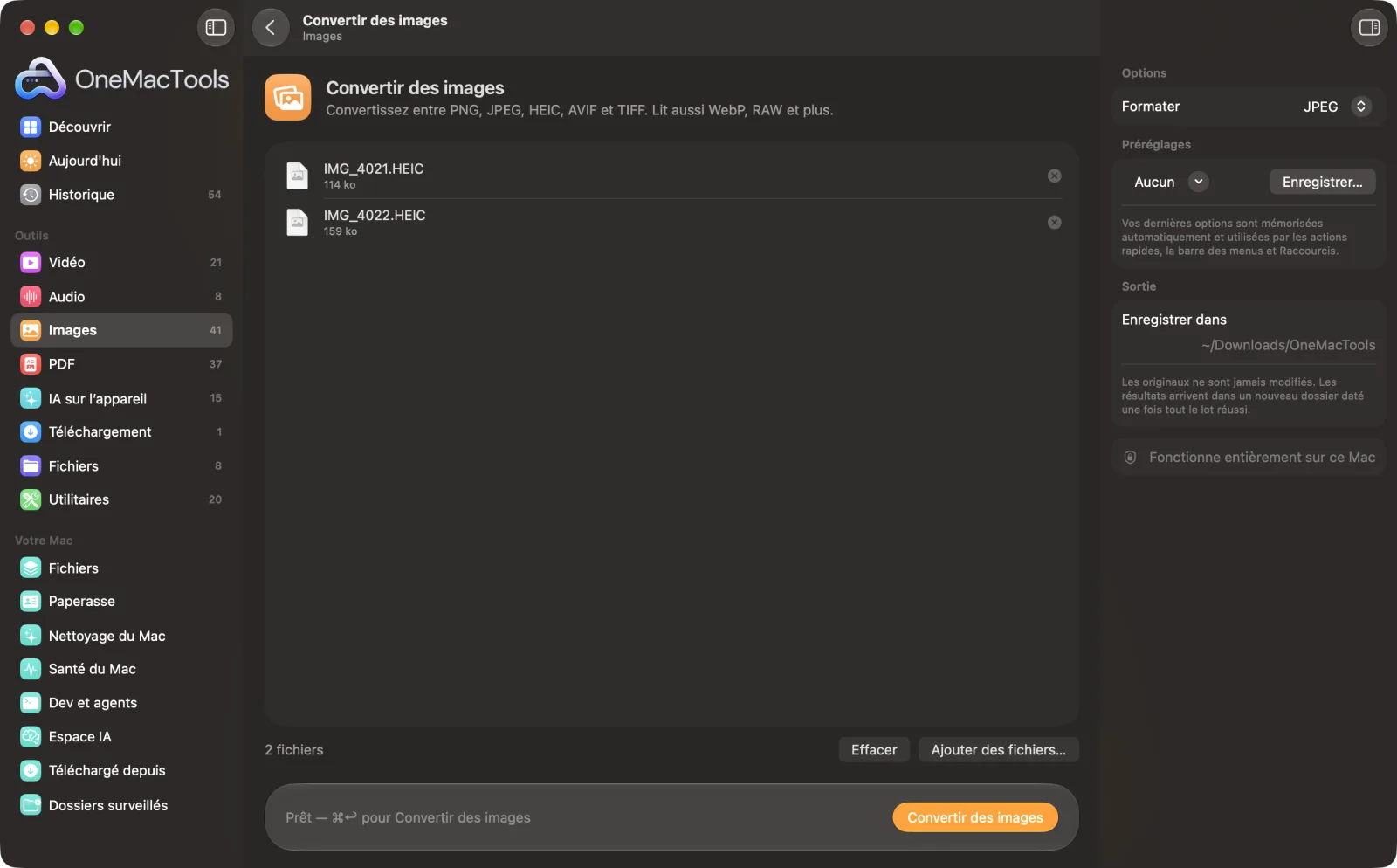 Convertir des images dans OneMacTools, avec des fichiers d’exemple chargés et le panneau d’options ouvert
