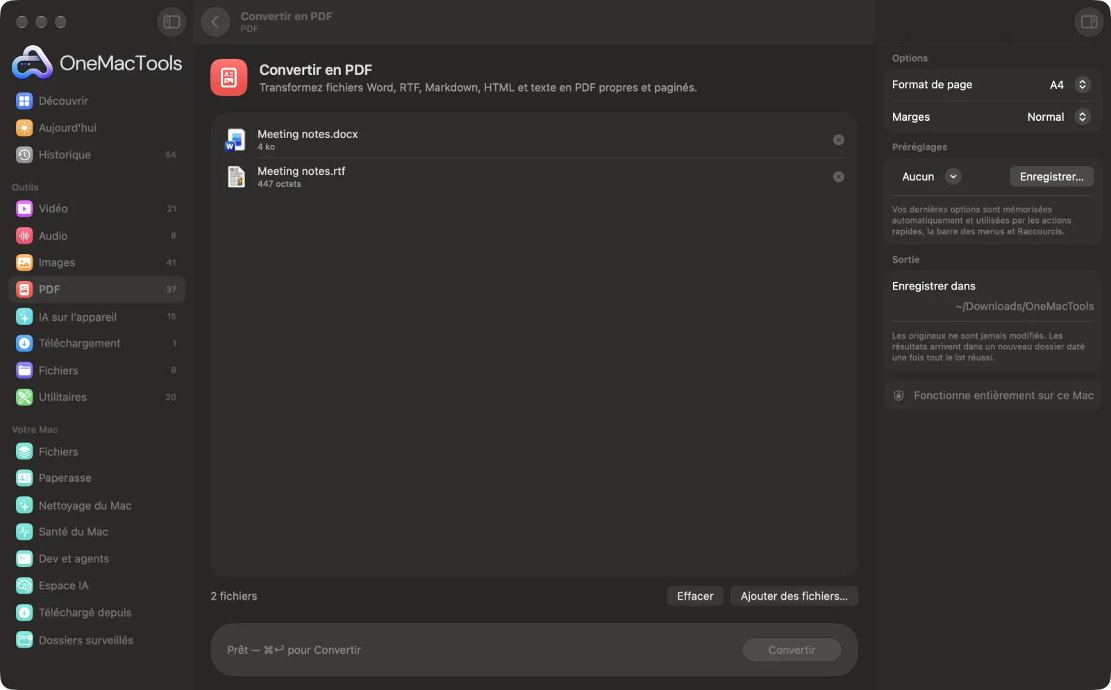 Convertir en PDF dans OneMacTools sur un Mac, avec des fichiers d’exemple et ses options