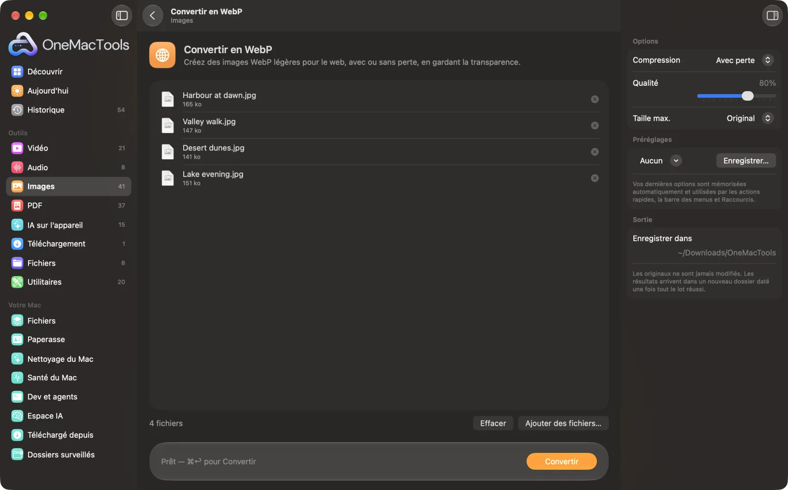 Convertir en WebP dans OneMacTools sur un Mac, avec des fichiers d’exemple et ses options