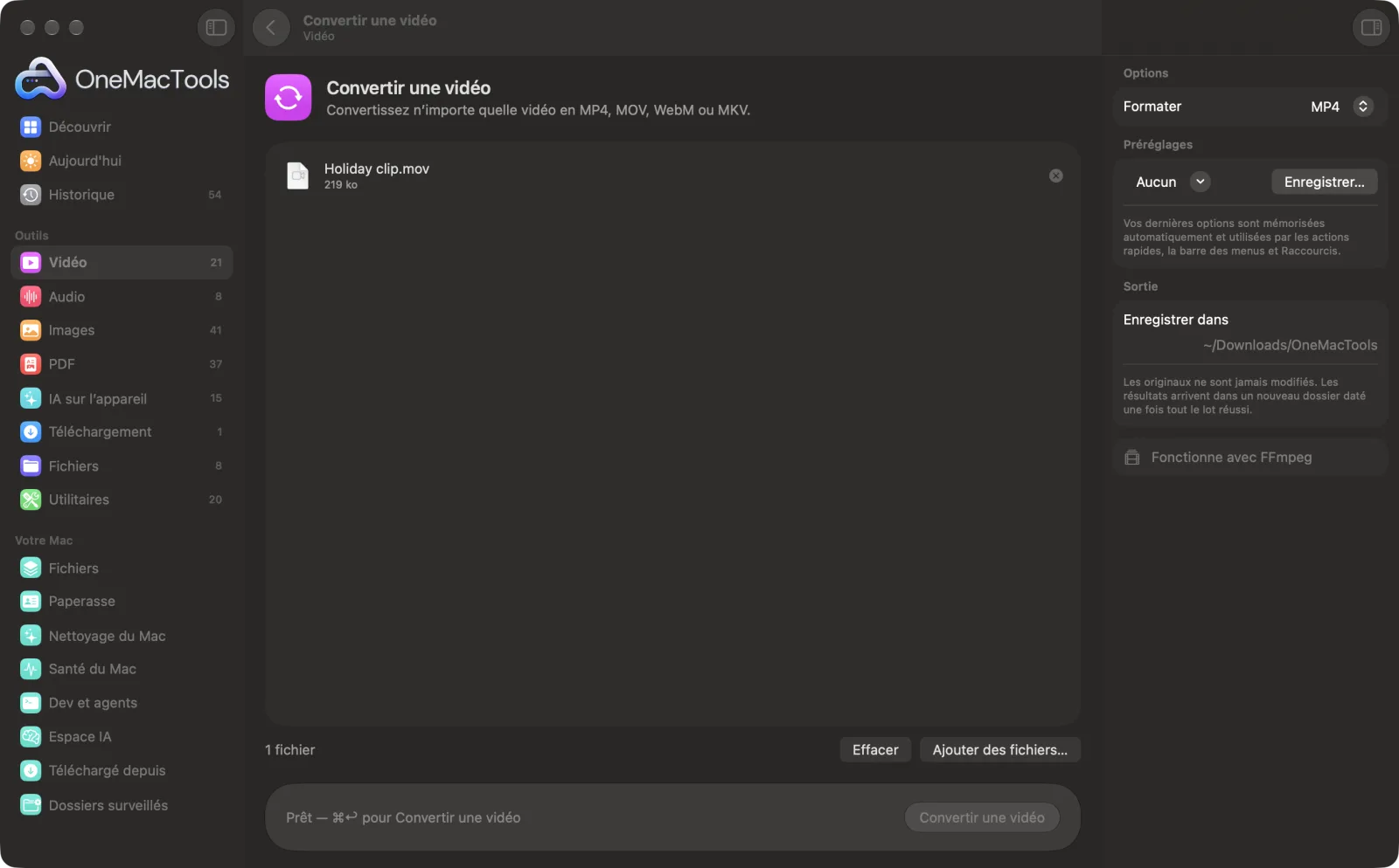 Convertir une vidéo dans OneMacTools sur un Mac, avec des fichiers d’exemple et ses options