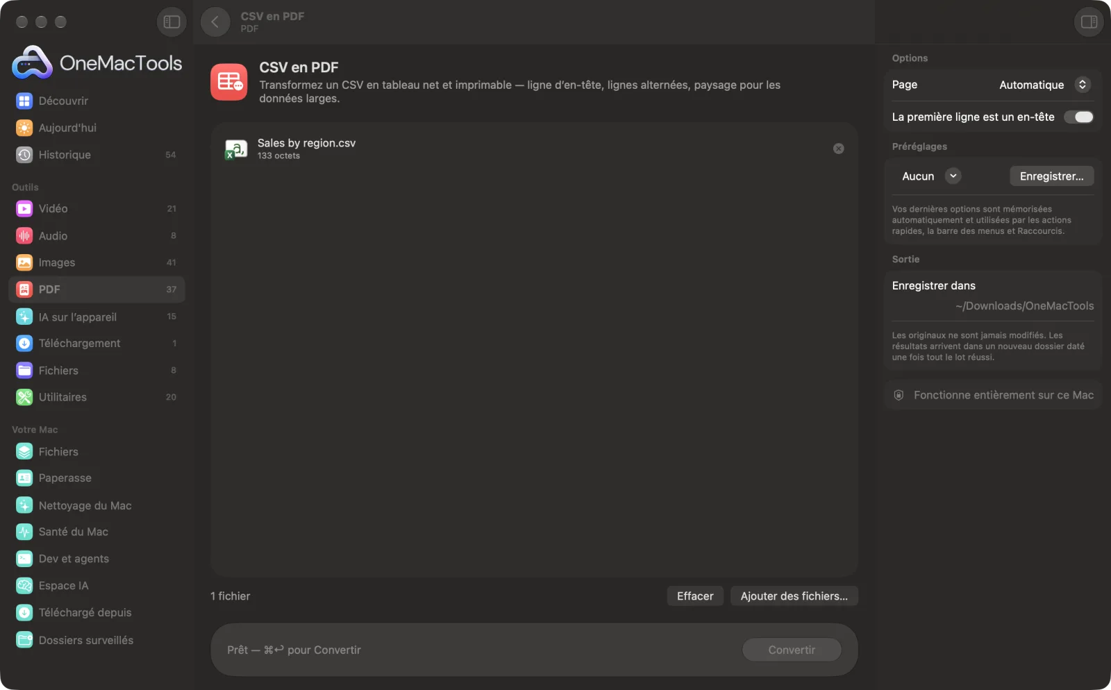 CSV en PDF dans OneMacTools sur un Mac, avec des fichiers d’exemple et ses options