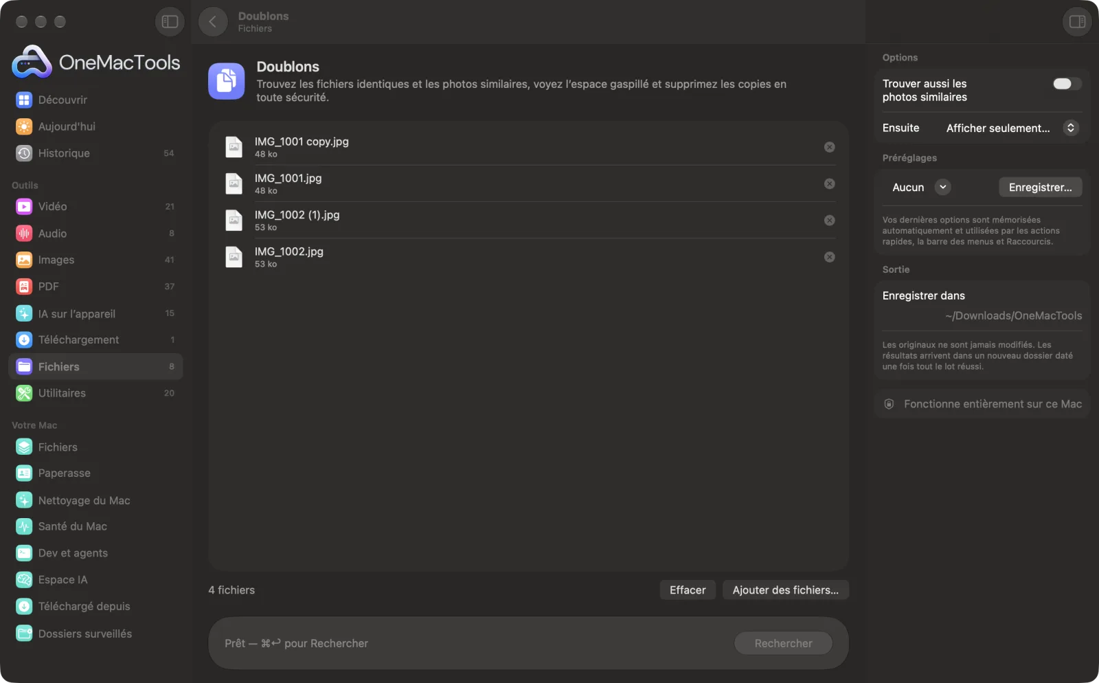 Doublons dans OneMacTools sur un Mac, avec des fichiers d’exemple et ses options
