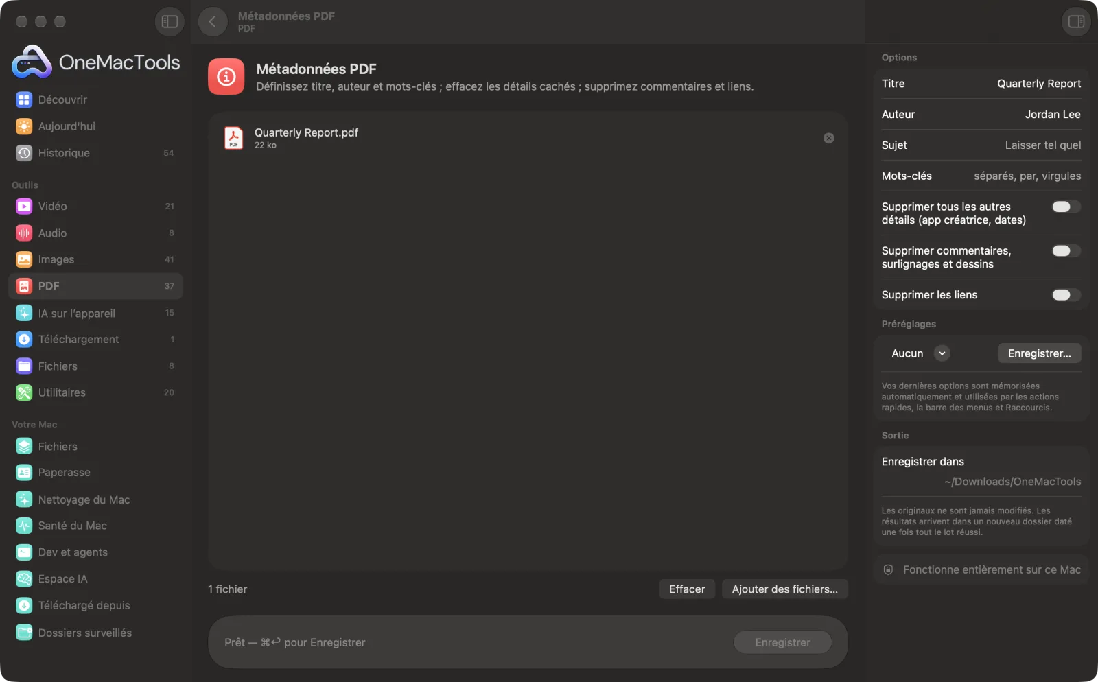 Métadonnées PDF dans OneMacTools sur un Mac, avec des fichiers d’exemple et ses options