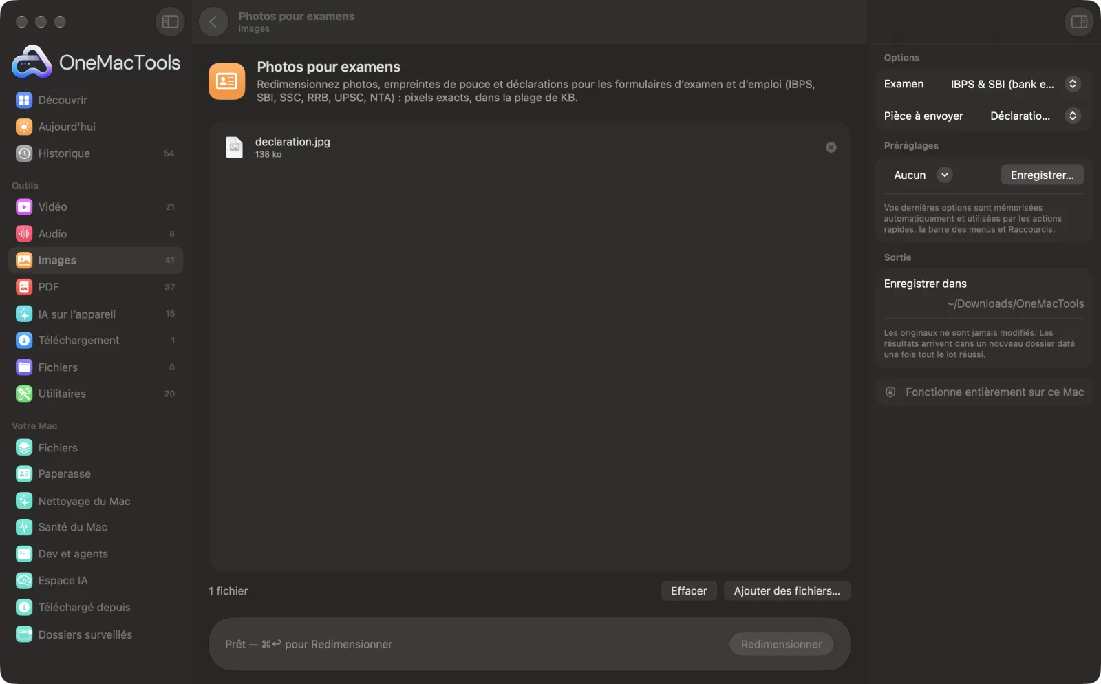 Photos pour examens dans OneMacTools sur un Mac, avec des fichiers d’exemple et ses options