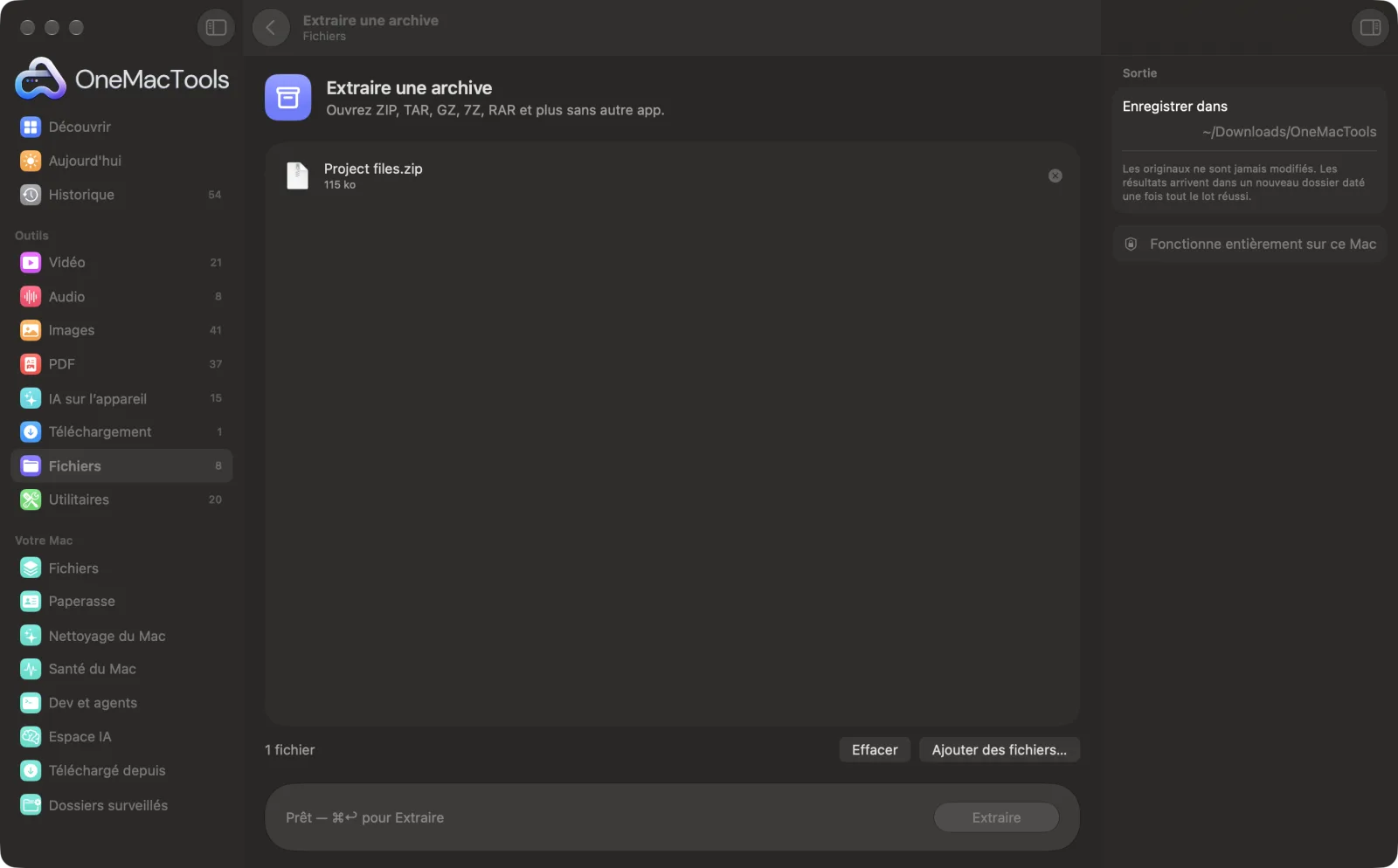 Extraire une archive dans OneMacTools sur un Mac, avec des fichiers d’exemple et ses options