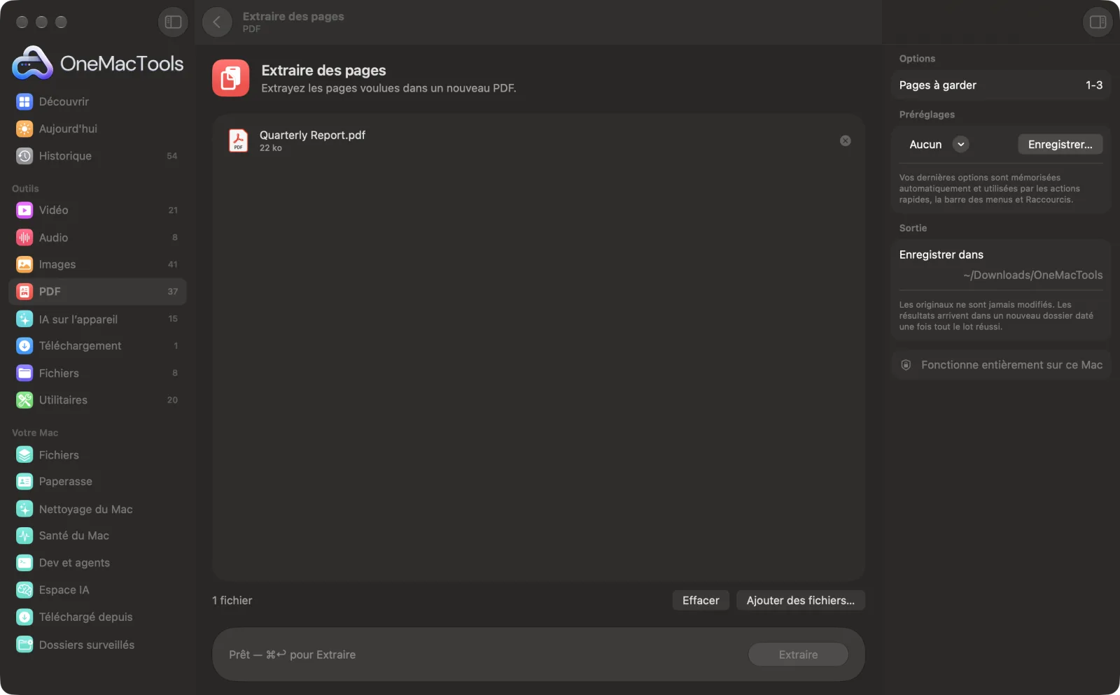 Extraire des pages dans OneMacTools sur un Mac, avec des fichiers d’exemple et ses options