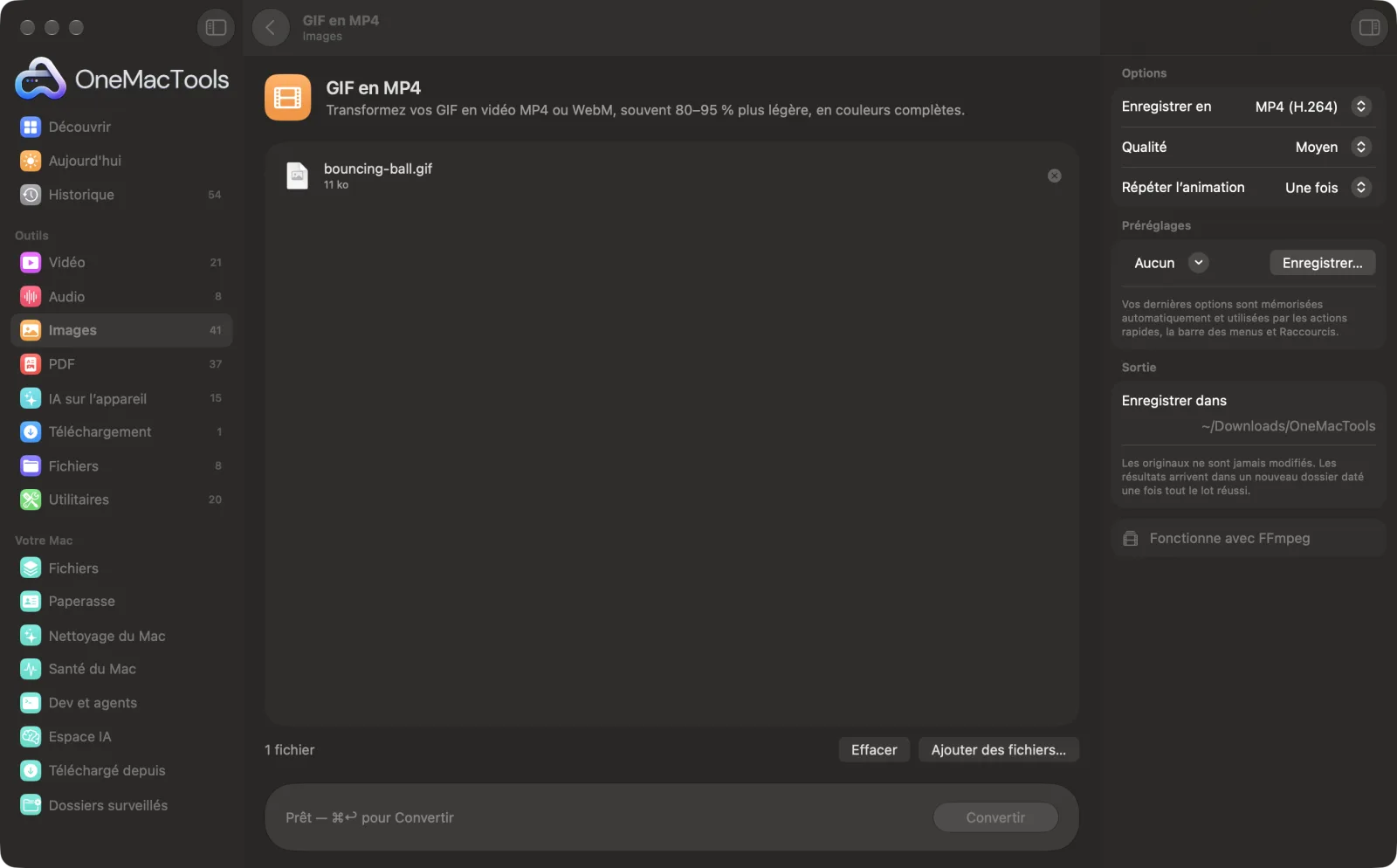 GIF en MP4 dans OneMacTools sur un Mac, avec des fichiers d’exemple et ses options