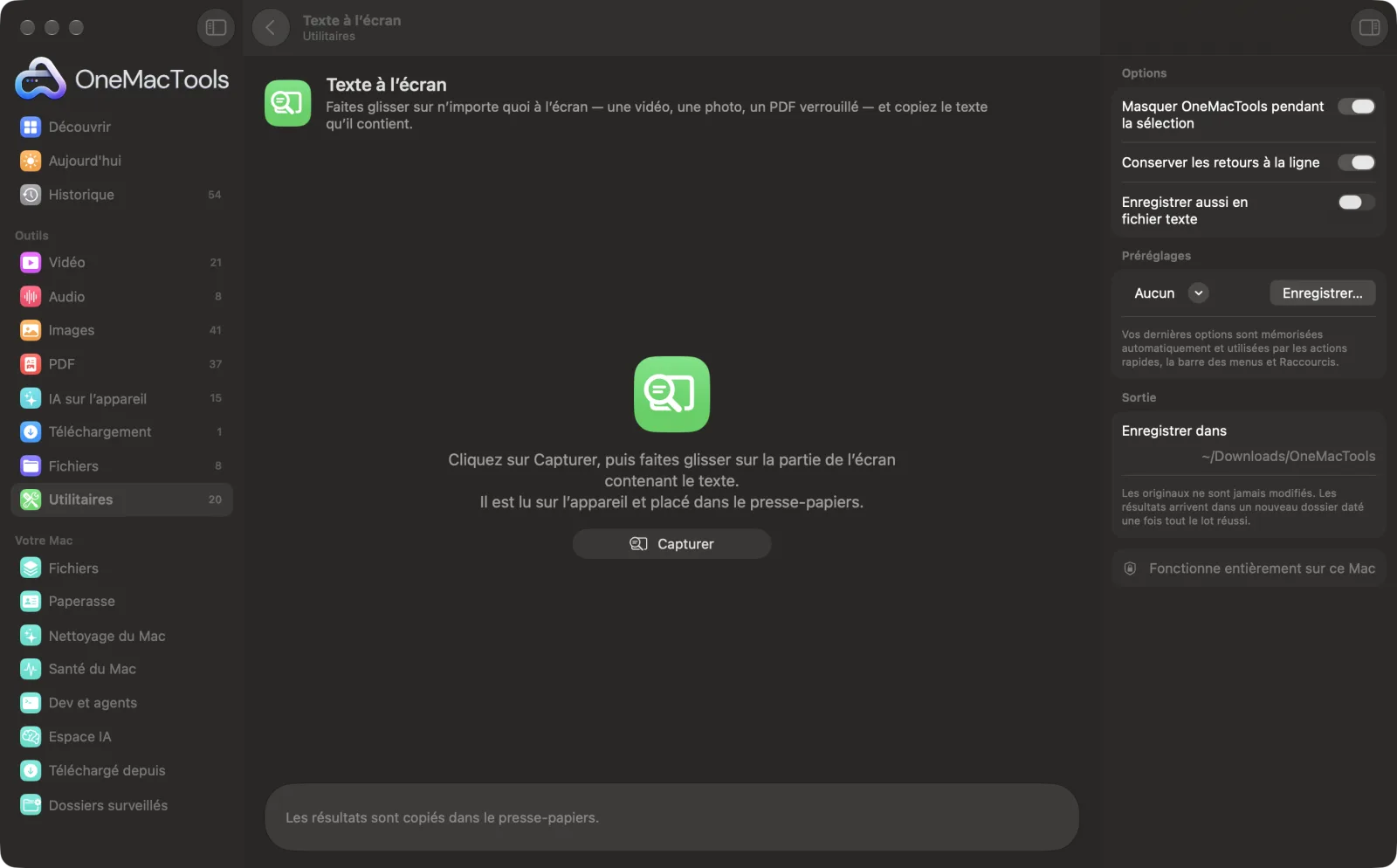 Texte à l’écran dans OneMacTools sur un Mac, avec des fichiers d’exemple et ses options