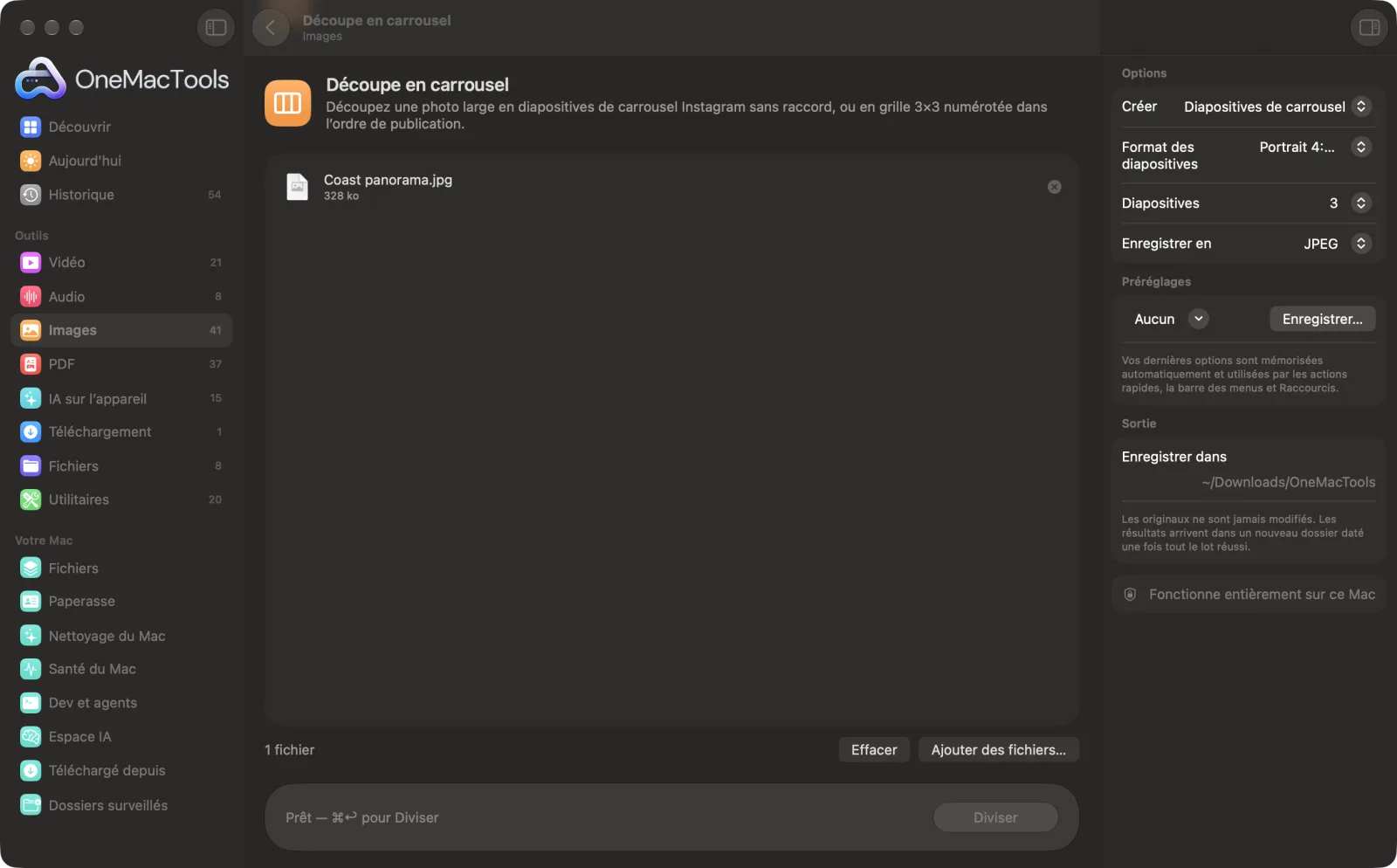 Découpe en carrousel dans OneMacTools sur un Mac, avec des fichiers d’exemple et ses options
