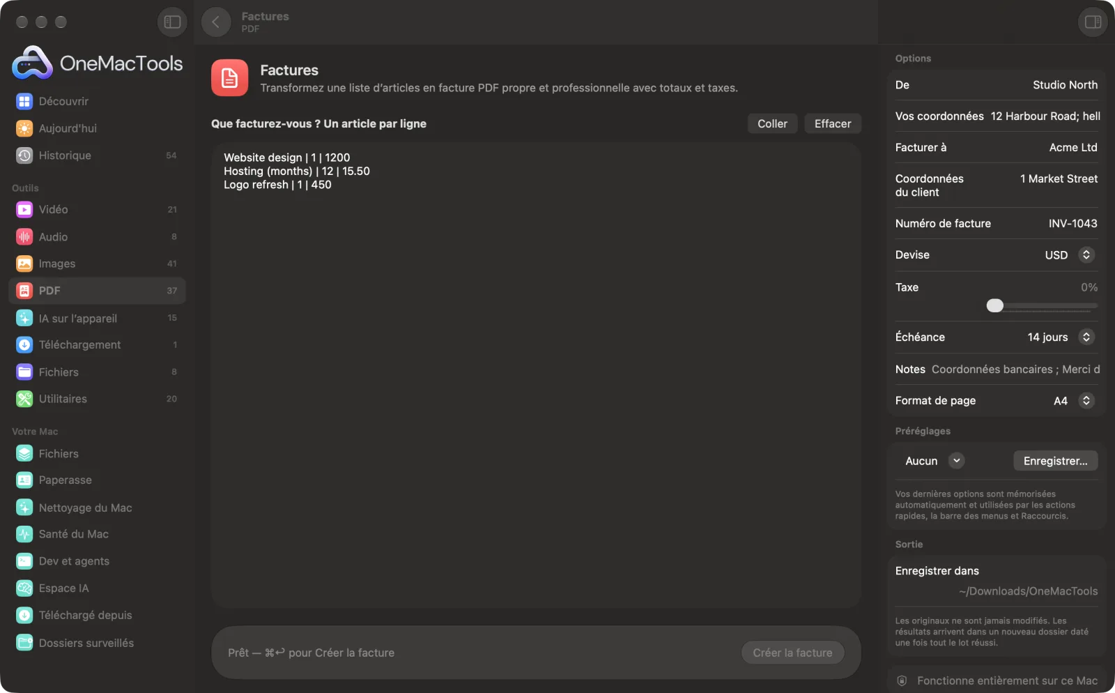 Factures dans OneMacTools, avec des fichiers d’exemple chargés et le panneau d’options ouvert