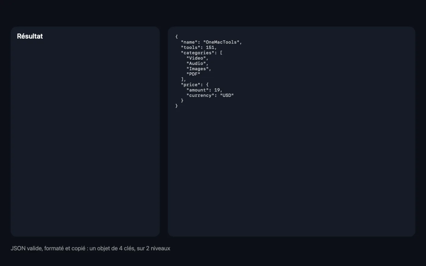 Le résultat de Formateur JSON sur les fichiers d’exemple