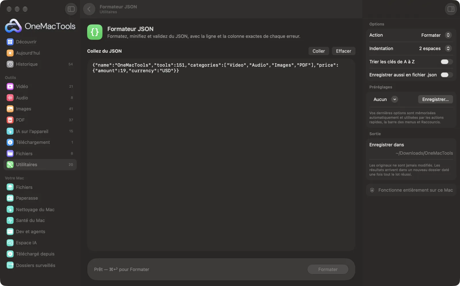 Formateur JSON dans OneMacTools, avec des fichiers d’exemple chargés et le panneau d’options ouvert