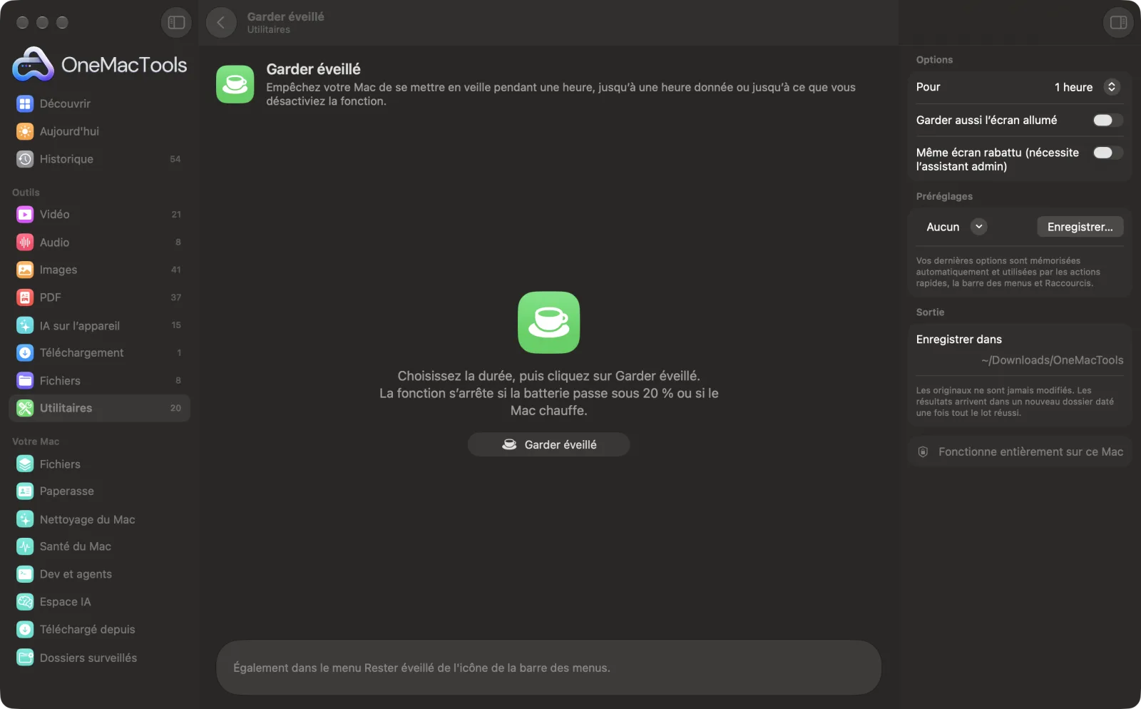 Garder éveillé dans OneMacTools sur un Mac, avec des fichiers d’exemple et ses options