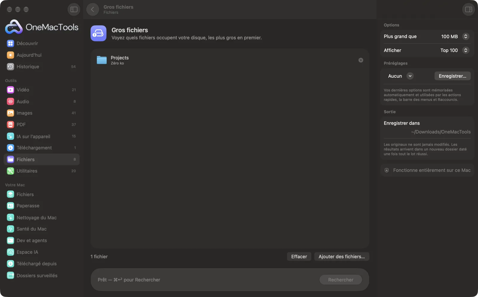 Gros fichiers dans OneMacTools sur un Mac, avec des fichiers d’exemple et ses options