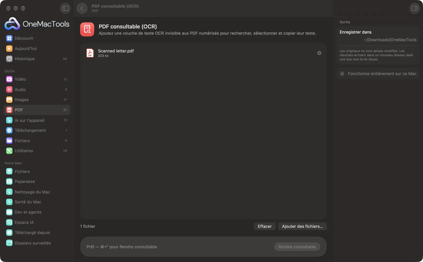 PDF consultable (OCR) dans OneMacTools sur un Mac, avec des fichiers d’exemple et ses options