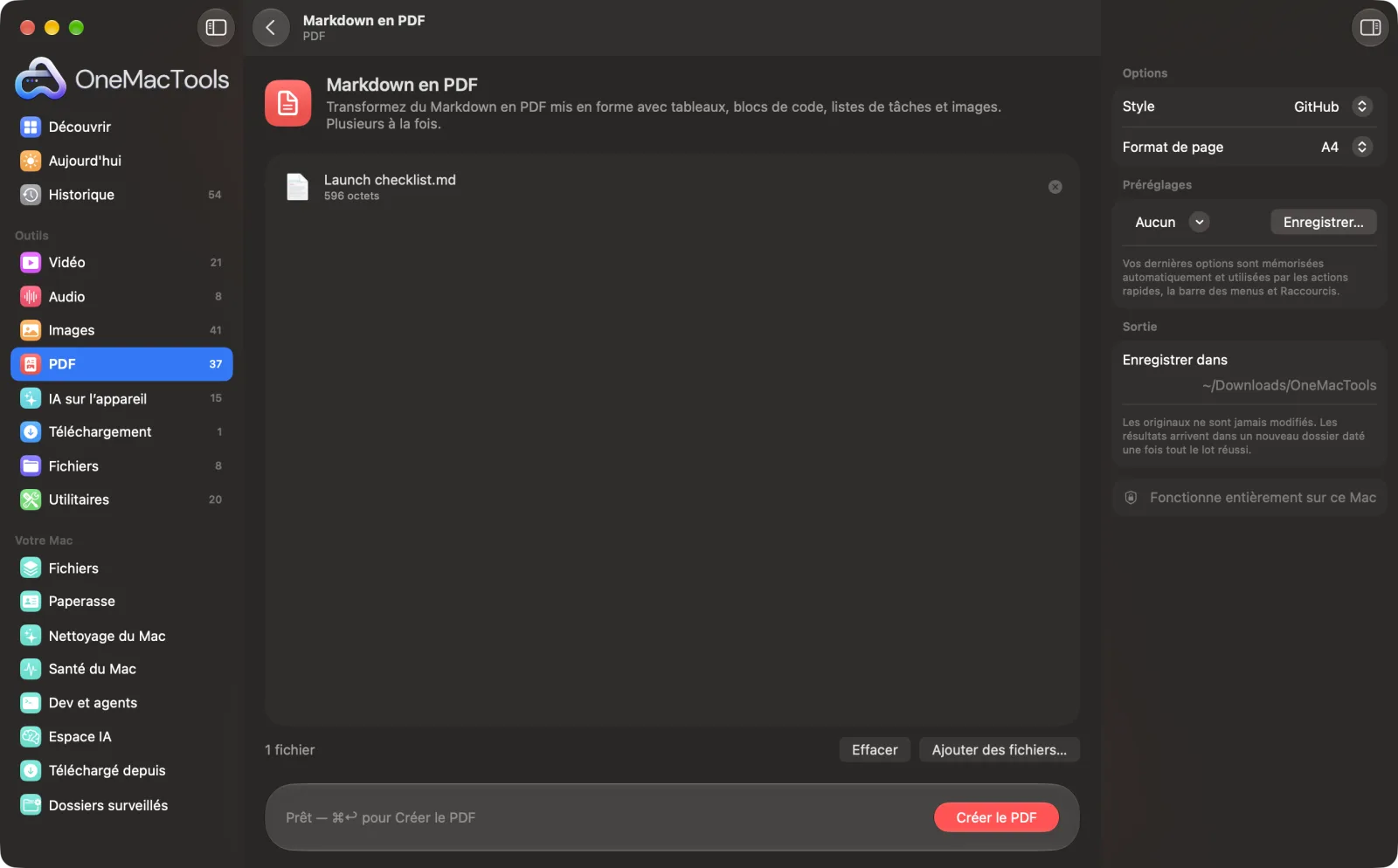 Markdown en PDF dans OneMacTools sur un Mac, avec des fichiers d’exemple et ses options