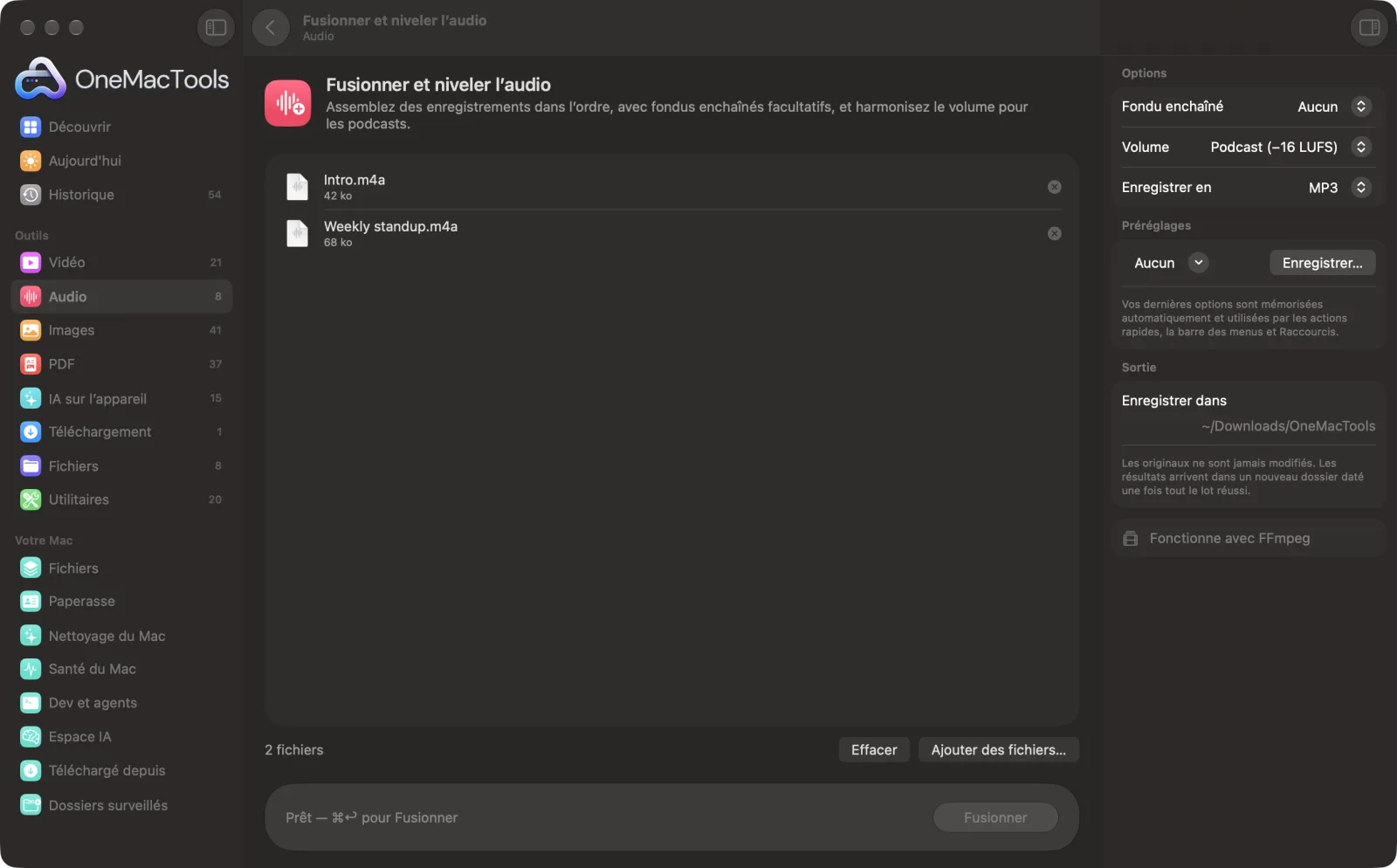 Fusionner et niveler l’audio dans OneMacTools sur un Mac, avec des fichiers d’exemple et ses options