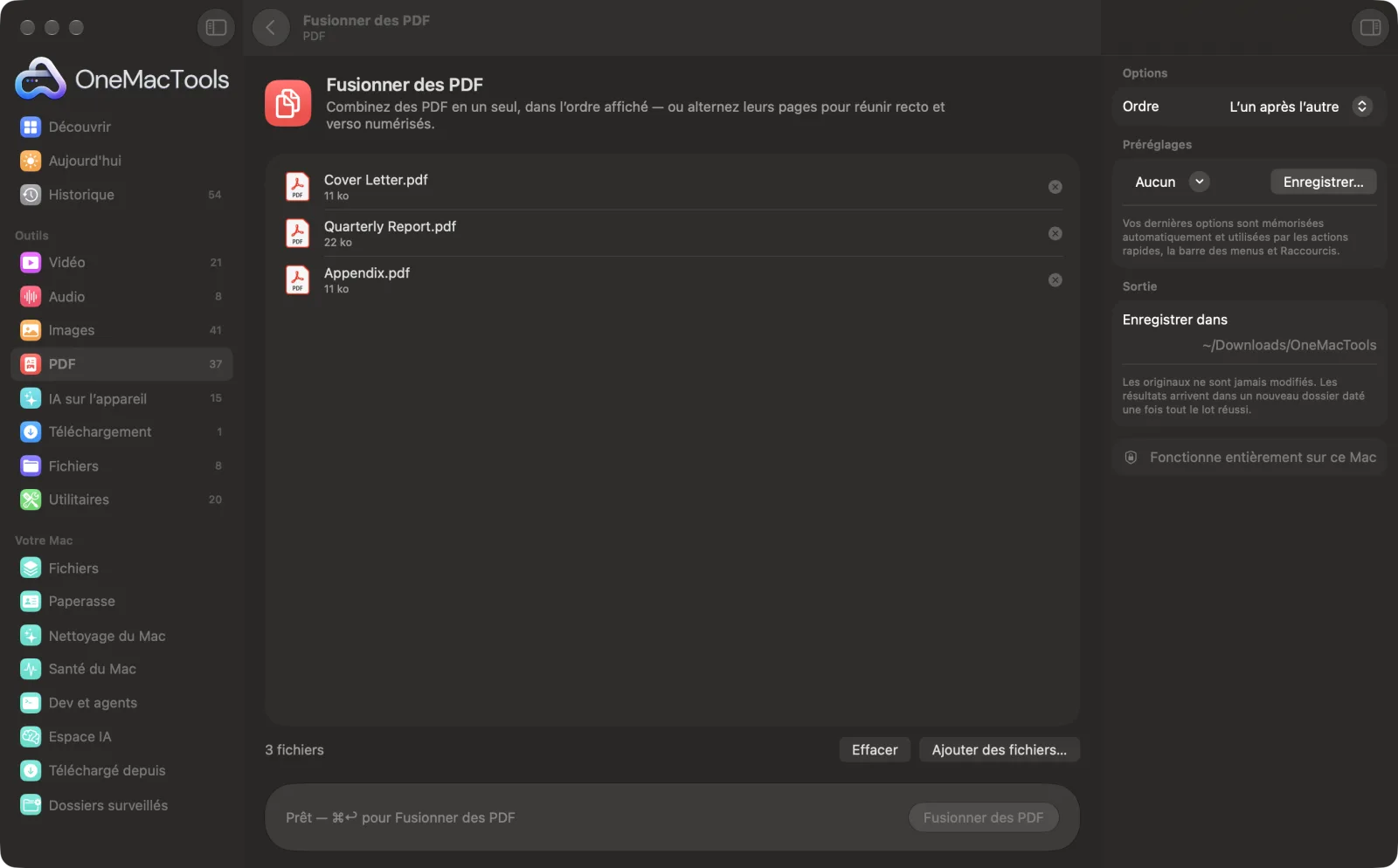 Fusionner des PDF dans OneMacTools, avec des fichiers d’exemple chargés et le panneau d’options ouvert