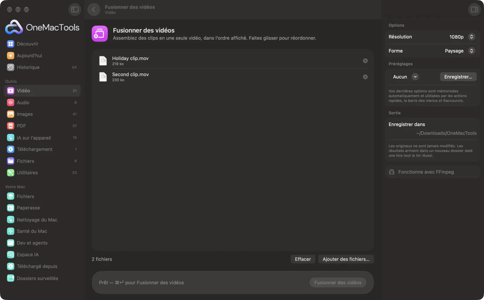 Fusionner des vidéos dans OneMacTools sur un Mac, avec des fichiers d’exemple et ses options