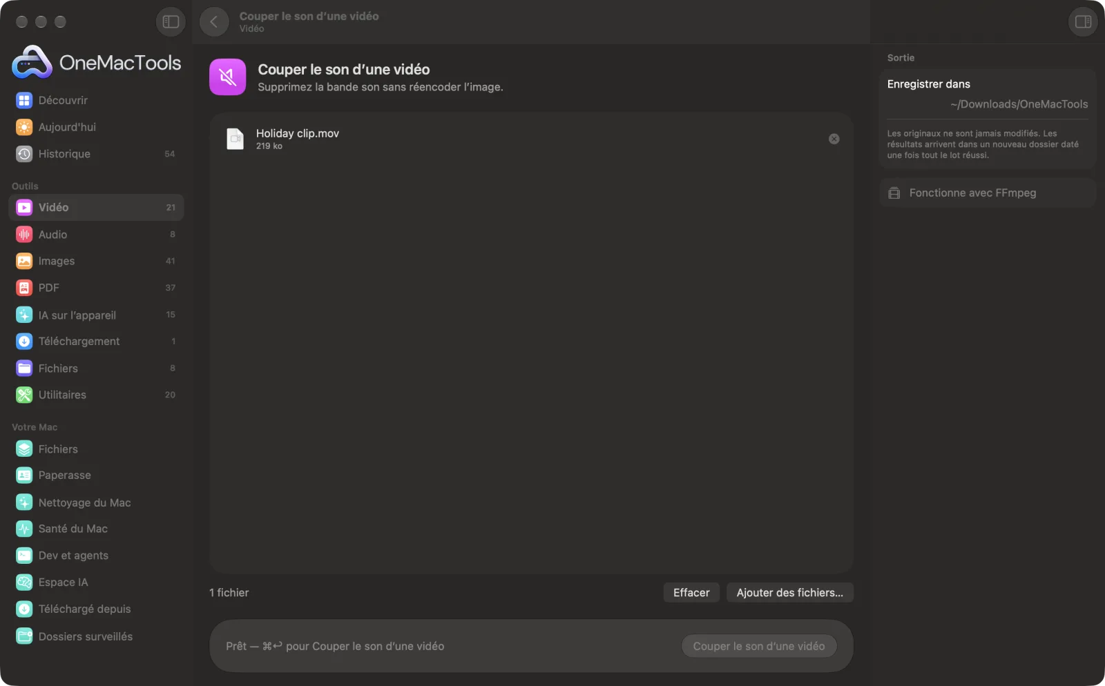 Couper le son d’une vidéo dans OneMacTools sur un Mac, avec des fichiers d’exemple et ses options