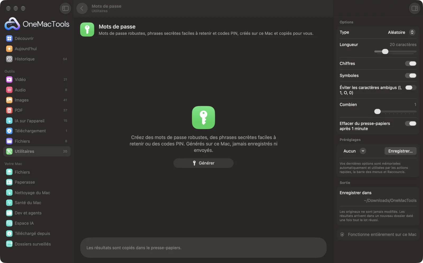 Mots de passe dans OneMacTools sur un Mac, avec des fichiers d’exemple et ses options