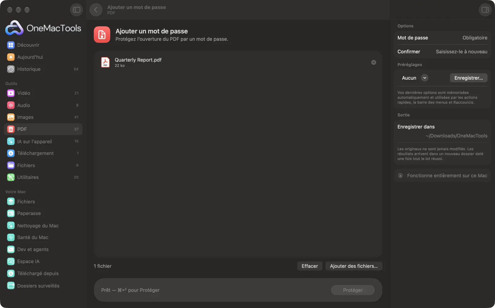 Ajouter un mot de passe dans OneMacTools sur un Mac, avec des fichiers d’exemple et ses options