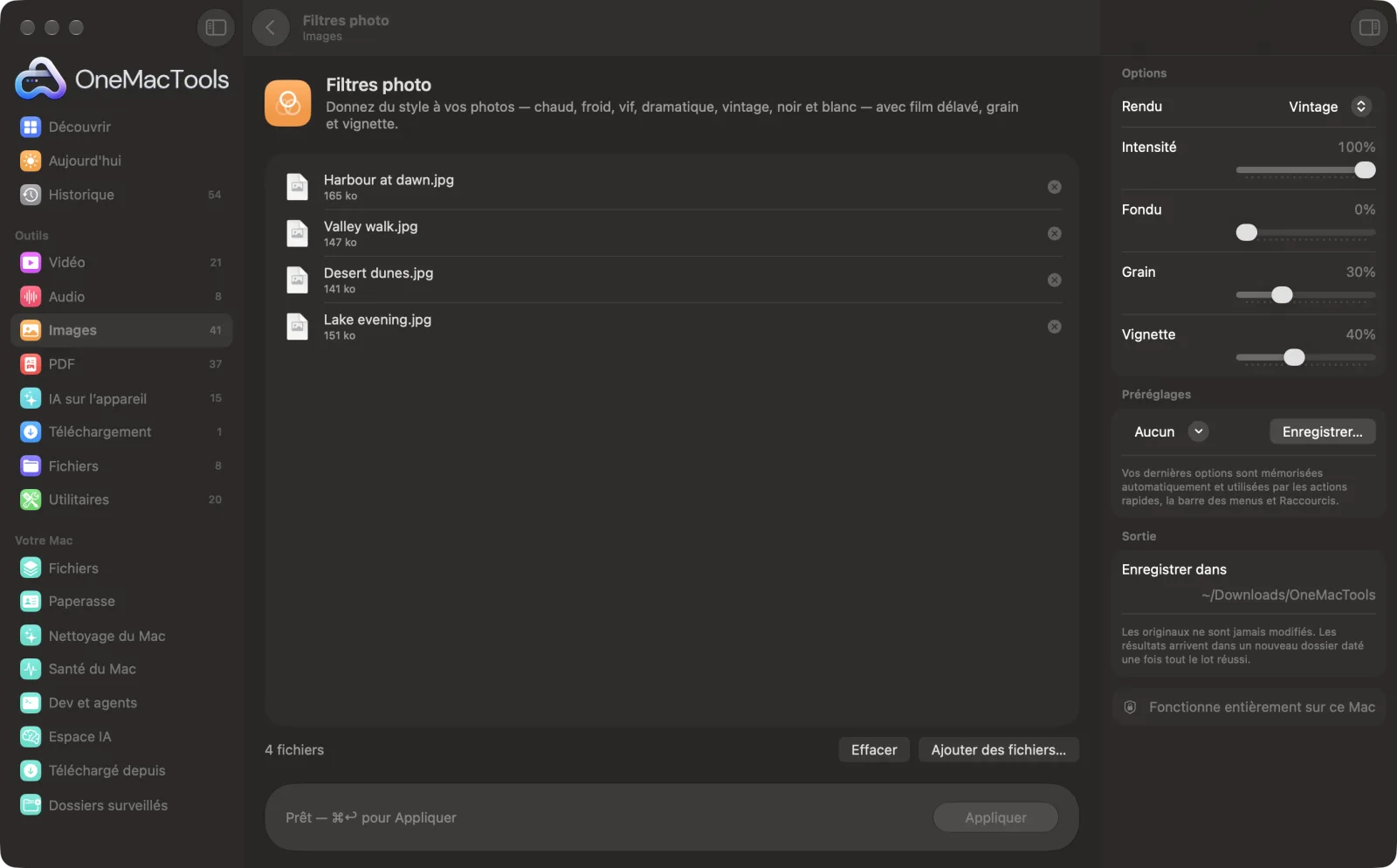 Filtres photo dans OneMacTools sur un Mac, avec des fichiers d’exemple et ses options