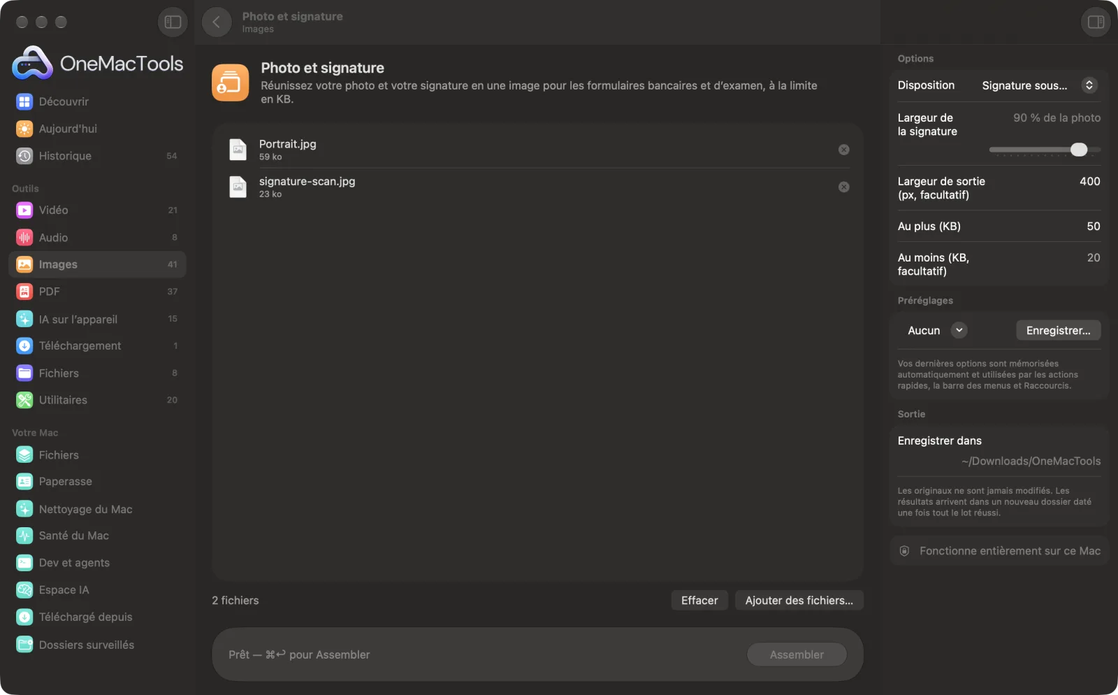 Photo et signature dans OneMacTools sur un Mac, avec des fichiers d’exemple et ses options