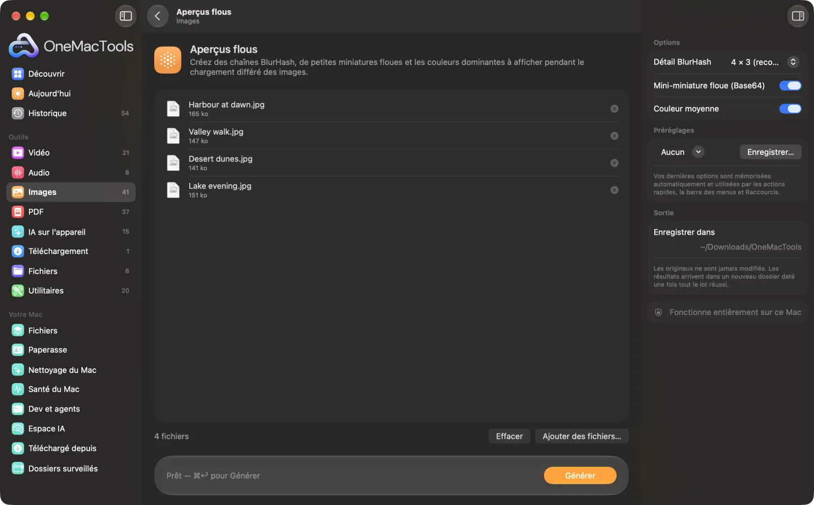 Aperçus flous dans OneMacTools sur un Mac, avec des fichiers d’exemple et ses options