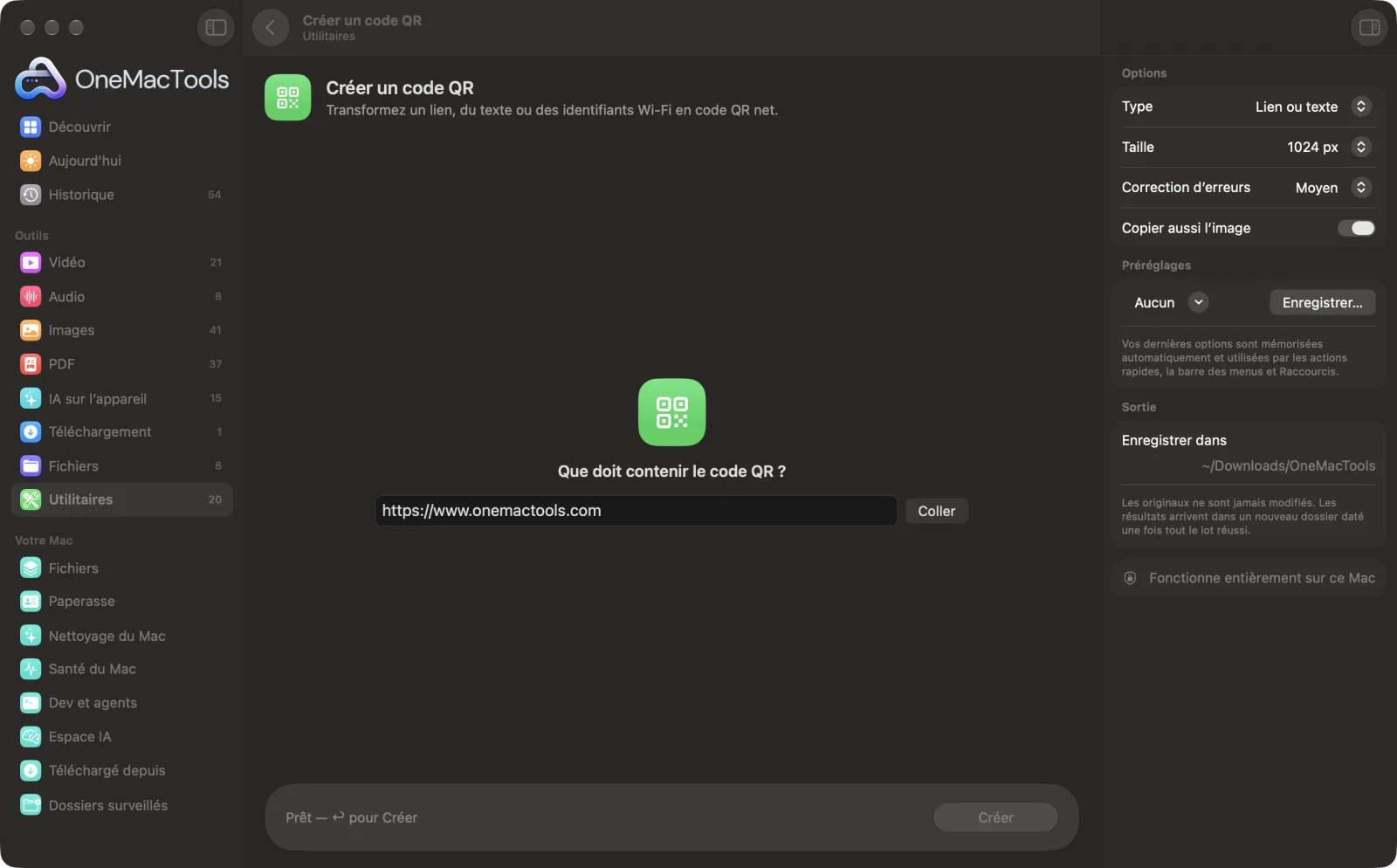 Créer un code QR dans OneMacTools, avec des fichiers d’exemple chargés et le panneau d’options ouvert