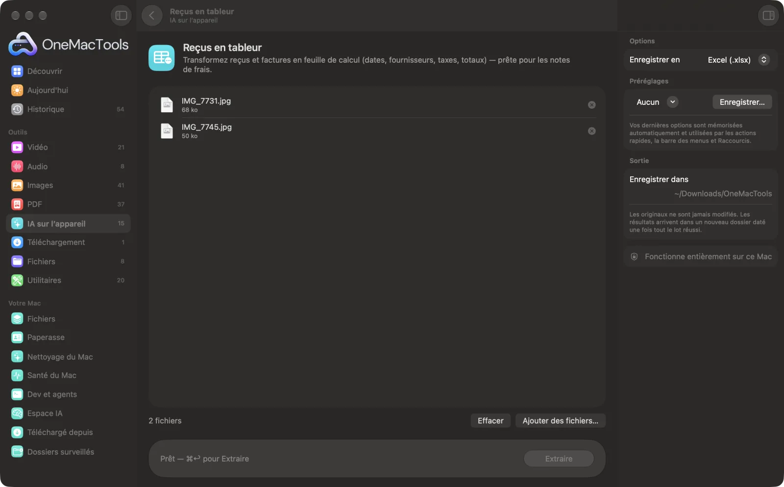 Reçus en tableur dans OneMacTools, avec des fichiers d’exemple chargés et le panneau d’options ouvert