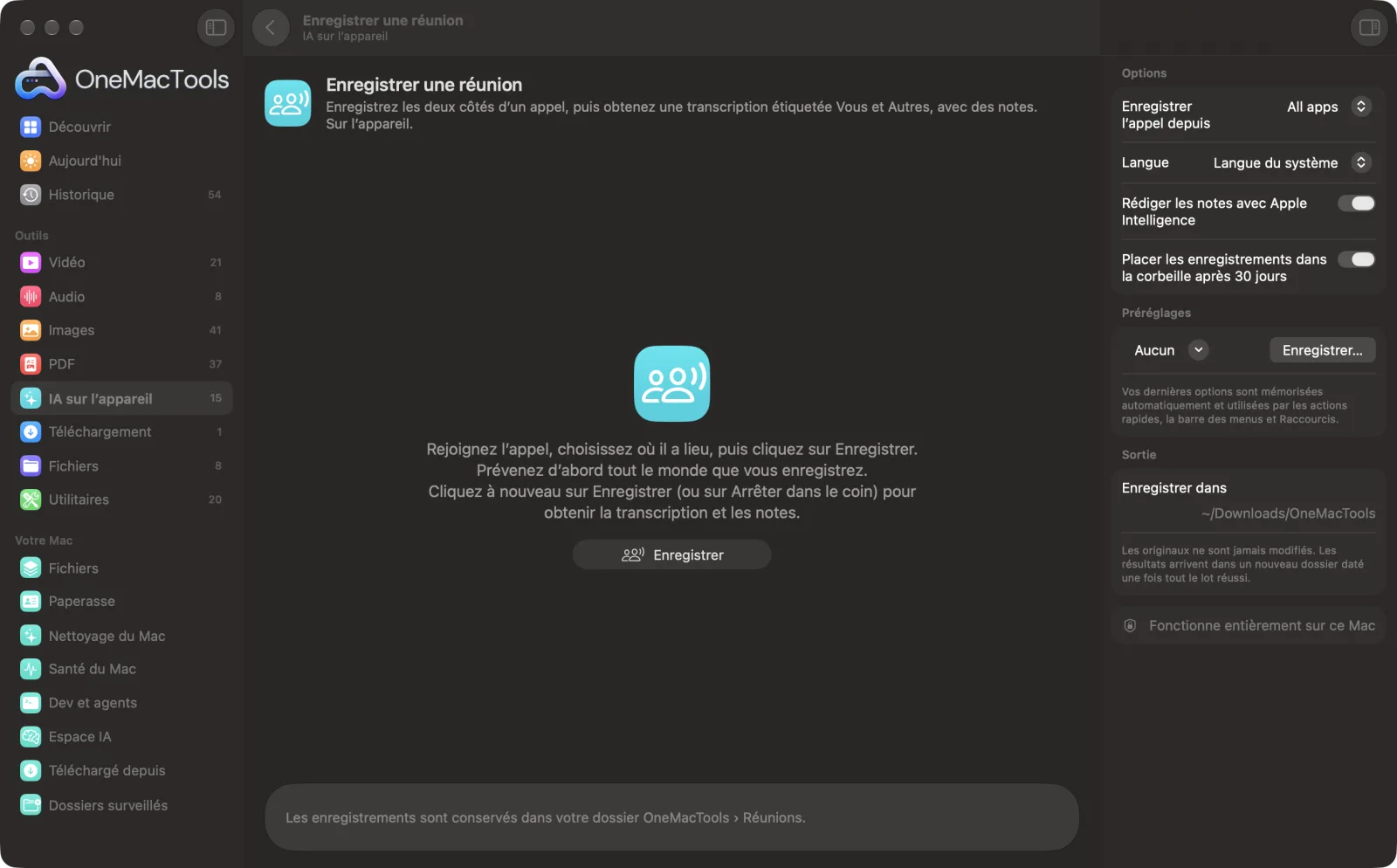 Enregistrer une réunion dans OneMacTools sur un Mac, avec des fichiers d’exemple et ses options